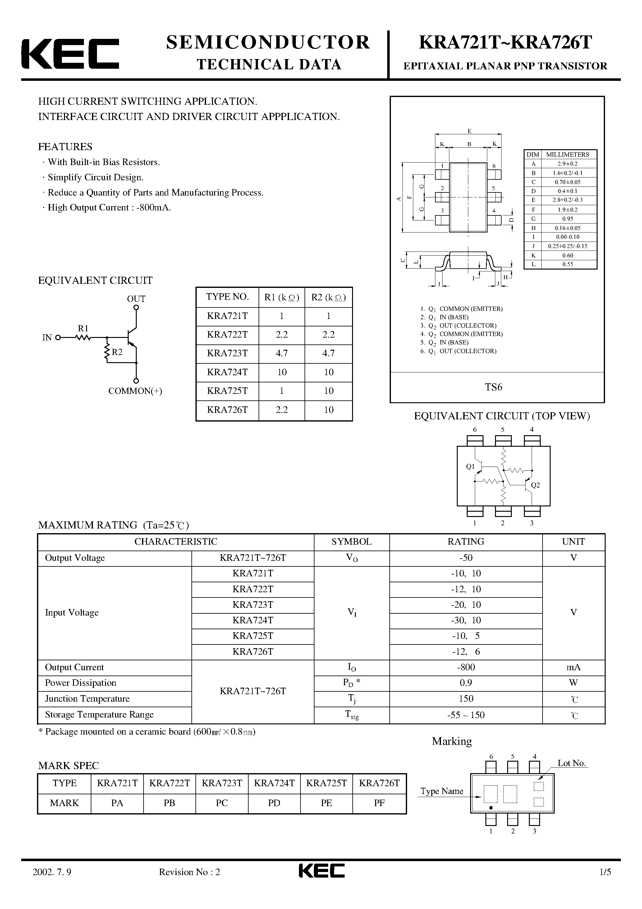 Даташит KRA721T - (KRA721T - KRA726T) EPITAXIAL PLANAR PNP TRANSISTOR страница 1