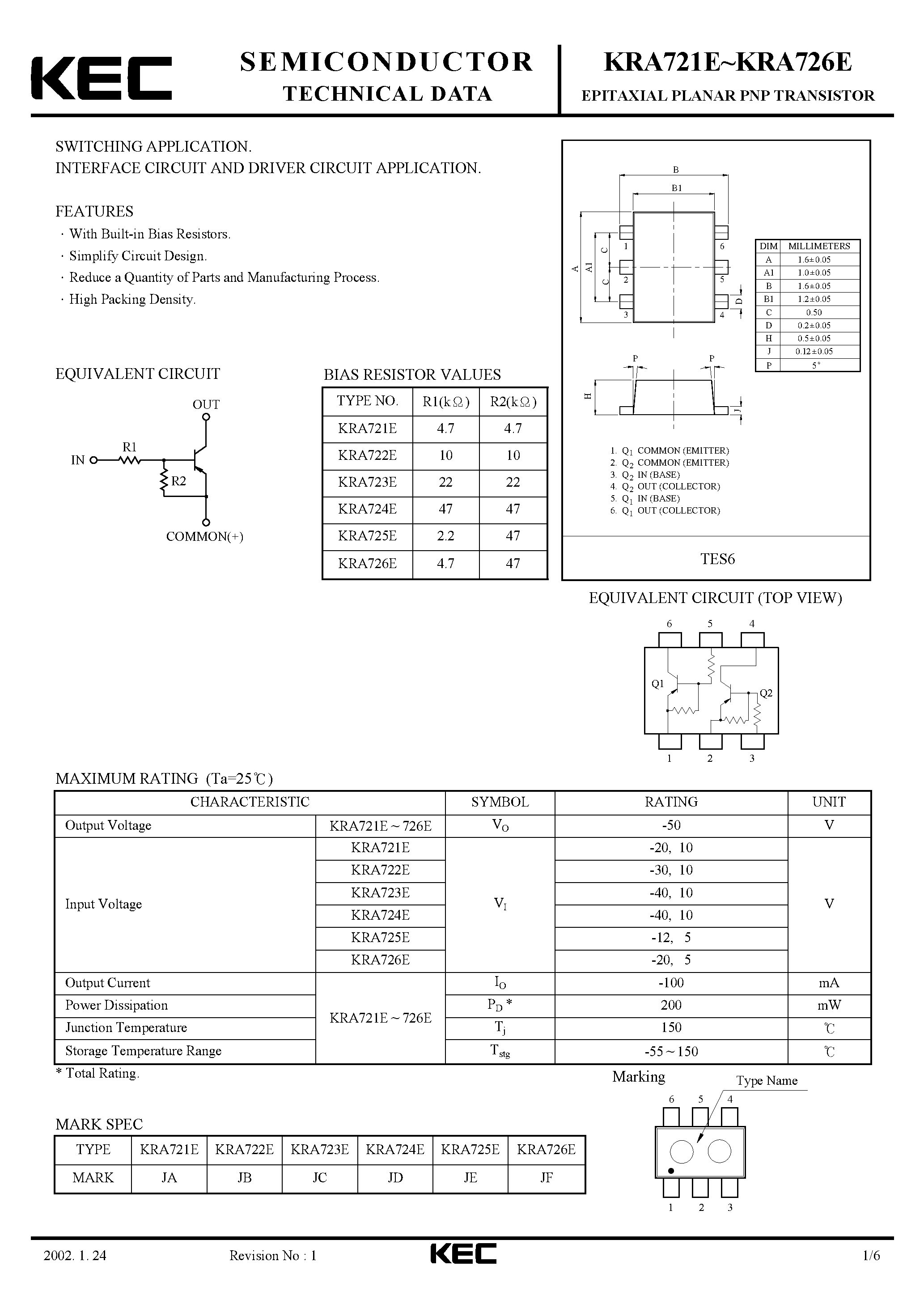 Даташит KRA721E - (KRA721E - KRA726E) EPITAXIAL PLANAR PNP TRANSISTOR страница 1