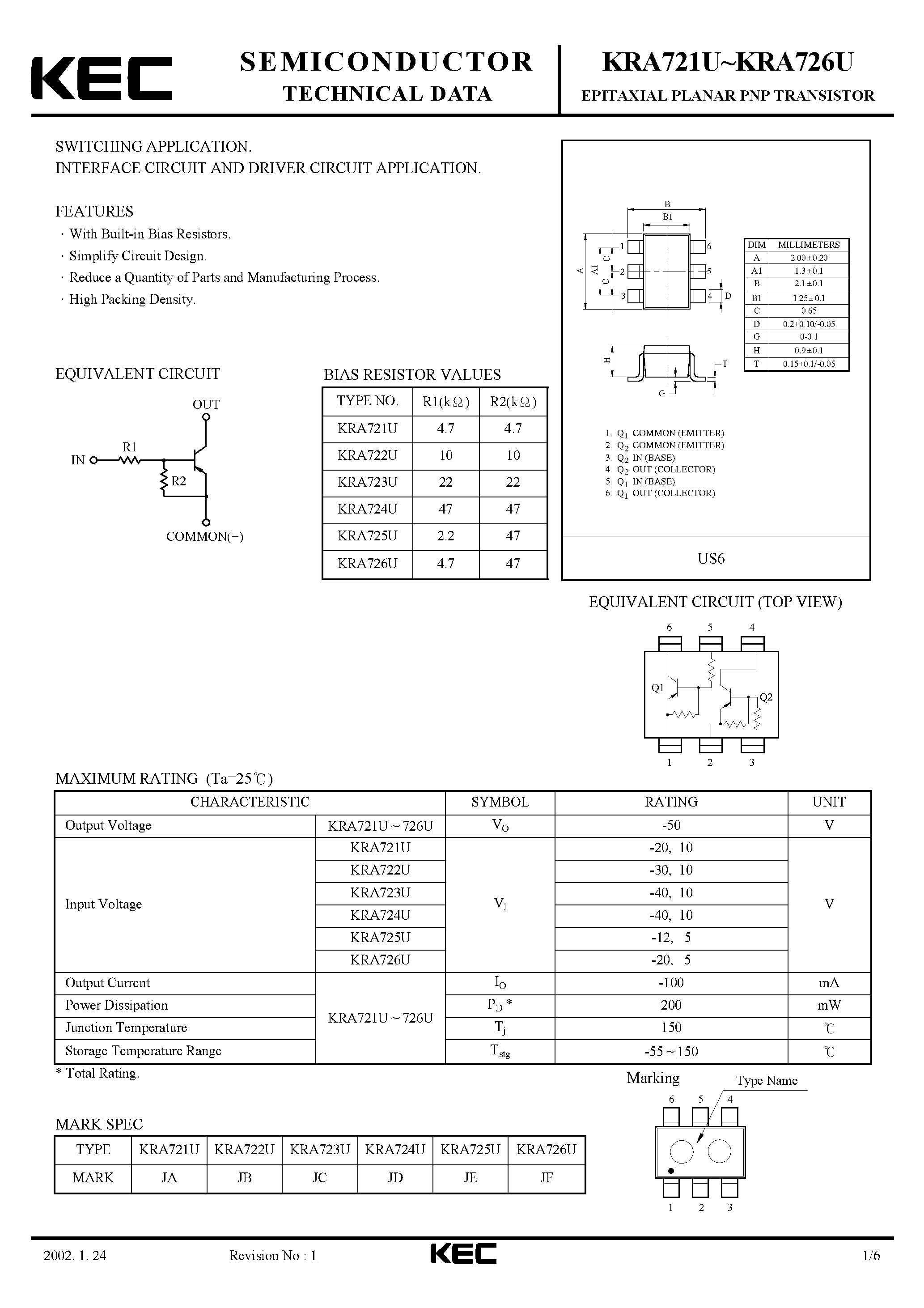 Даташит KRA721U - (KRA721U - KRA726U) EPITAXIAL PLANAR PNP TRANSISTOR страница 1