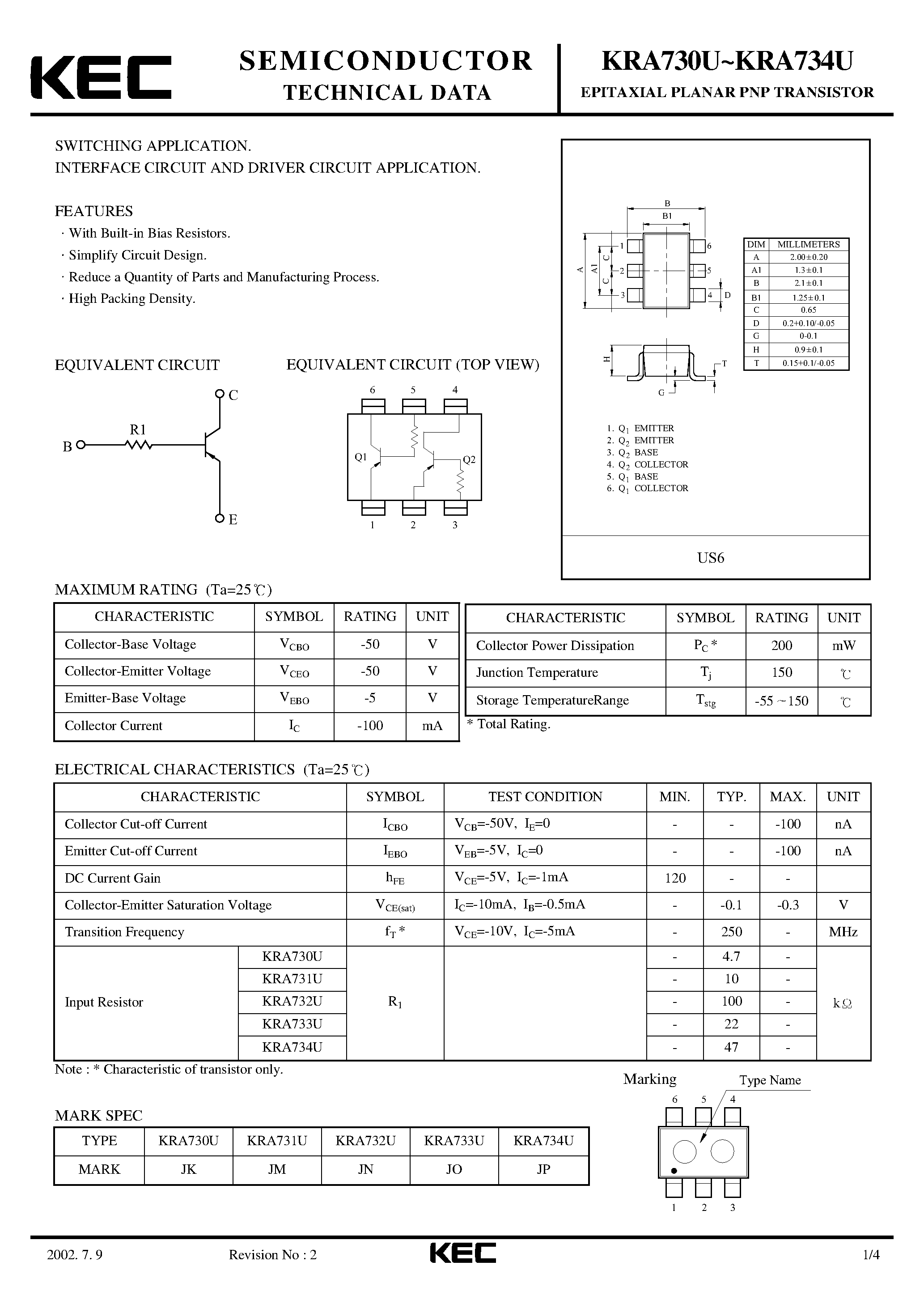 Datasheet KRA730U - (KRA730U - KRA734U) EPITAXIAL PLANAR PNP TRANSISTOR page 1