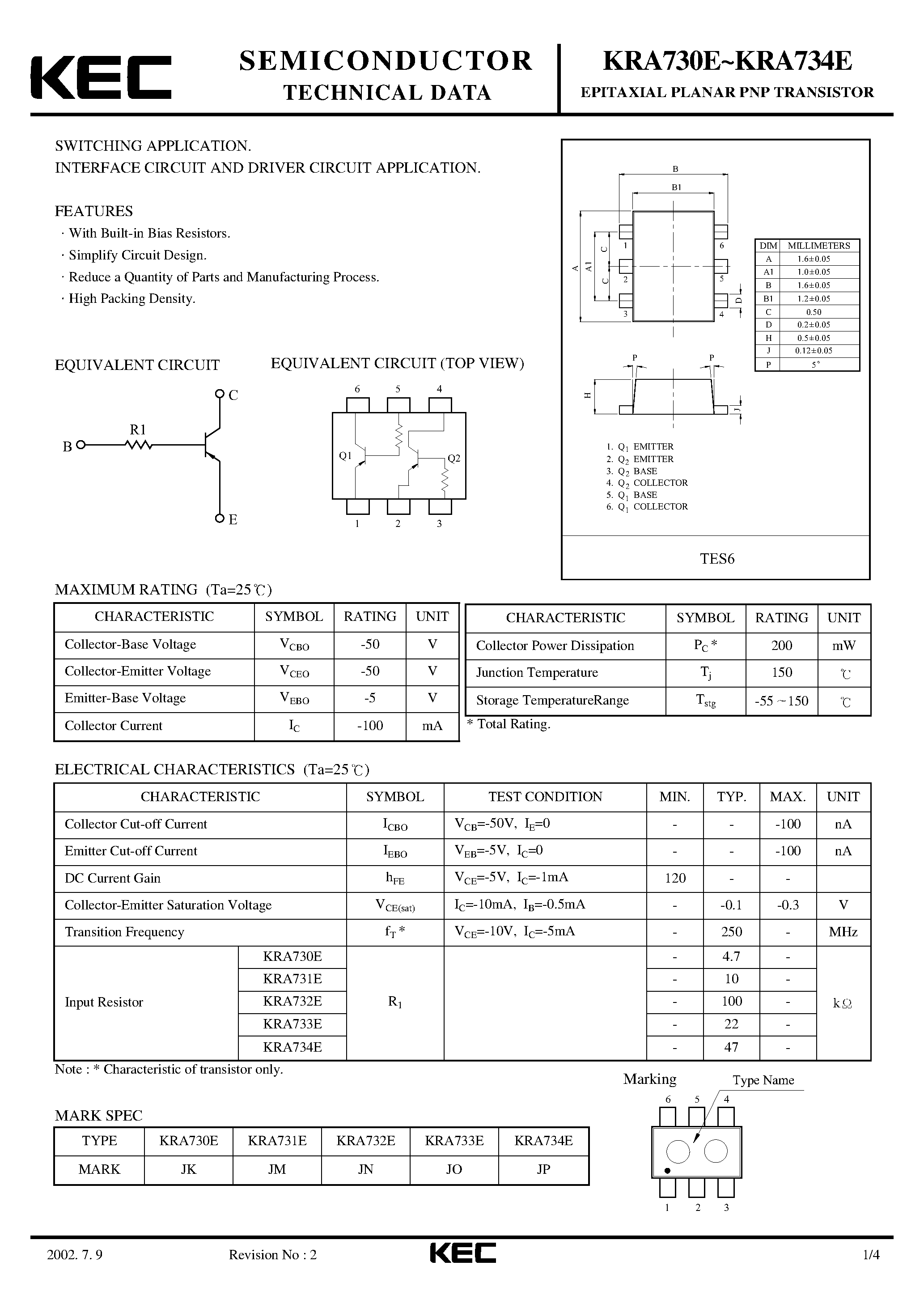 Datasheet KRA730E - (KRA730E - KRA734E) EPITAXIAL PLANAR PNP TRANSISTOR page 1