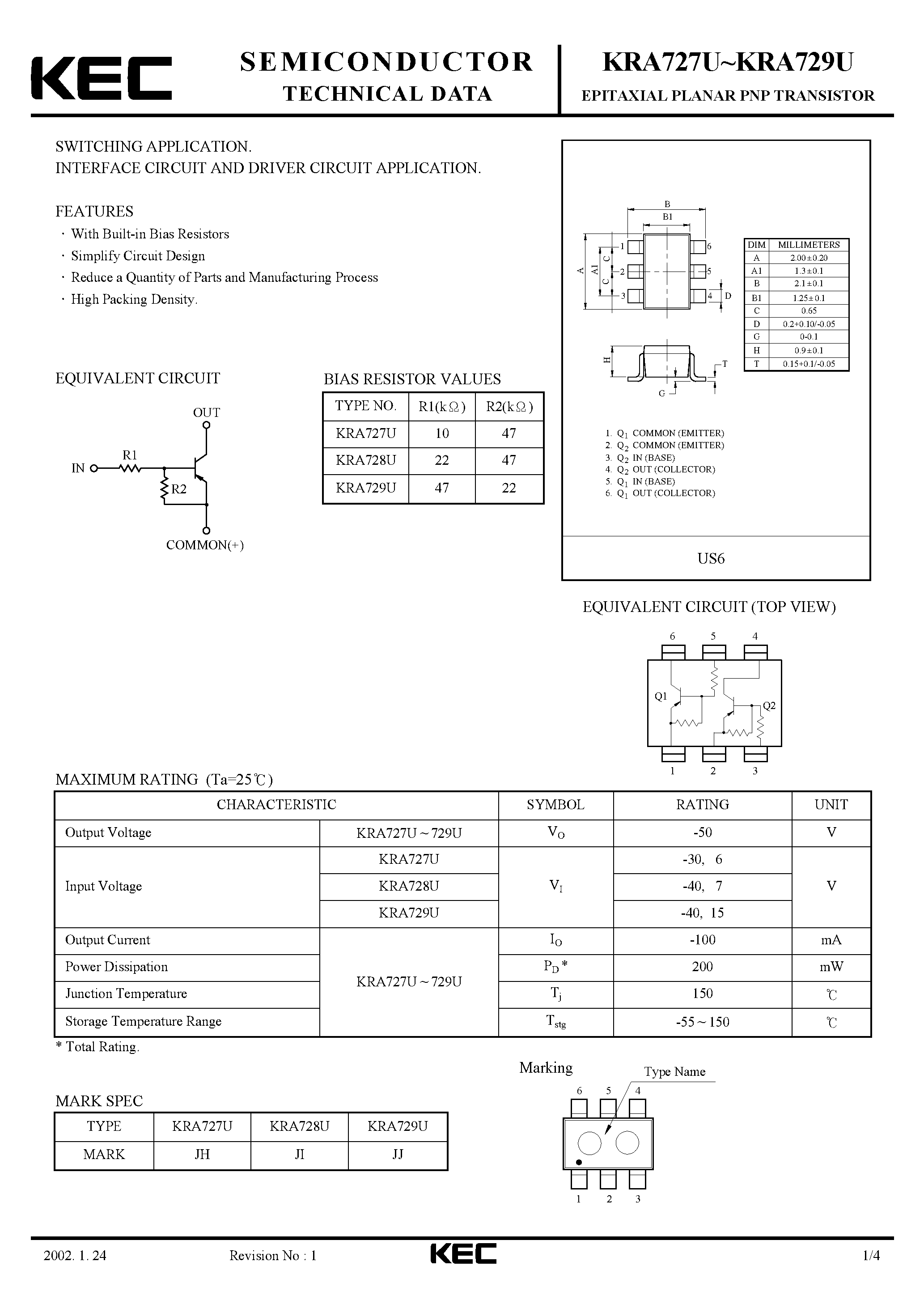 Даташит KRA727U - (KRA727U - KRA727U) EPITAXIAL PLANAR PNP TRANSISTOR страница 1