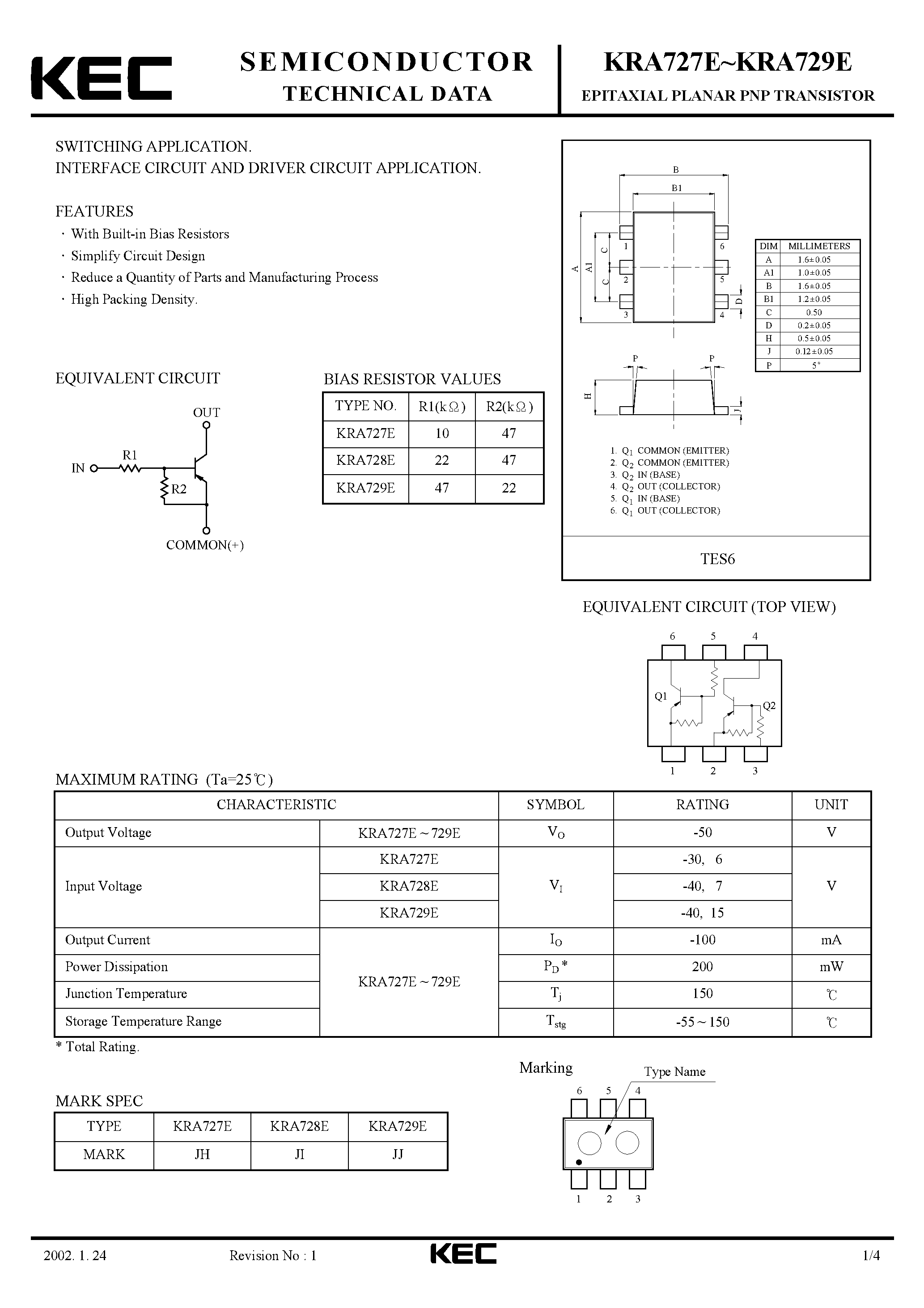 Datasheet KRA727E - (KRA727E - KRA727E) EPITAXIAL PLANAR PNP TRANSISTOR page 1