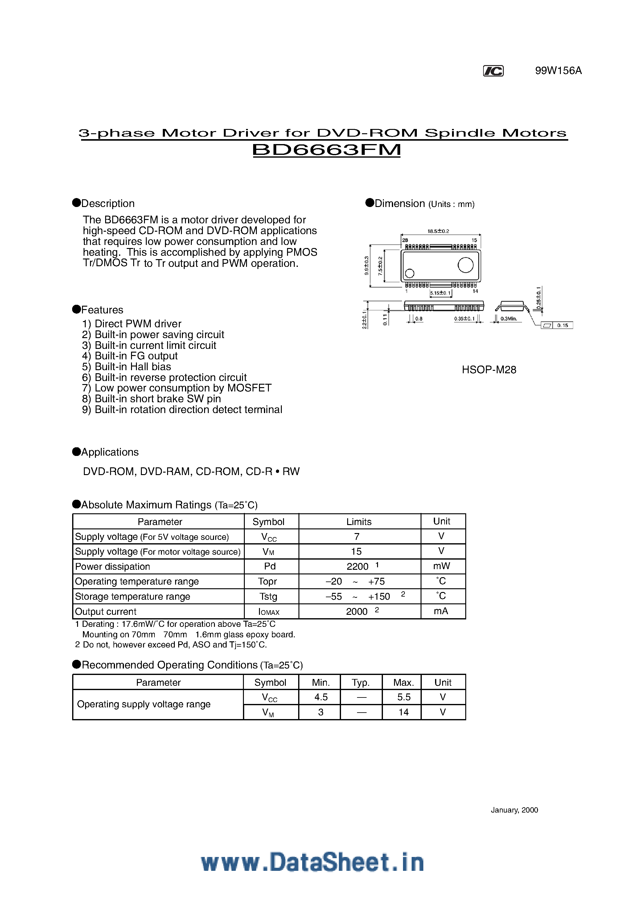 Даташит BD6663FM - 3-Phase Motor Dricer for DVD-ROM Spindle Motors страница 1