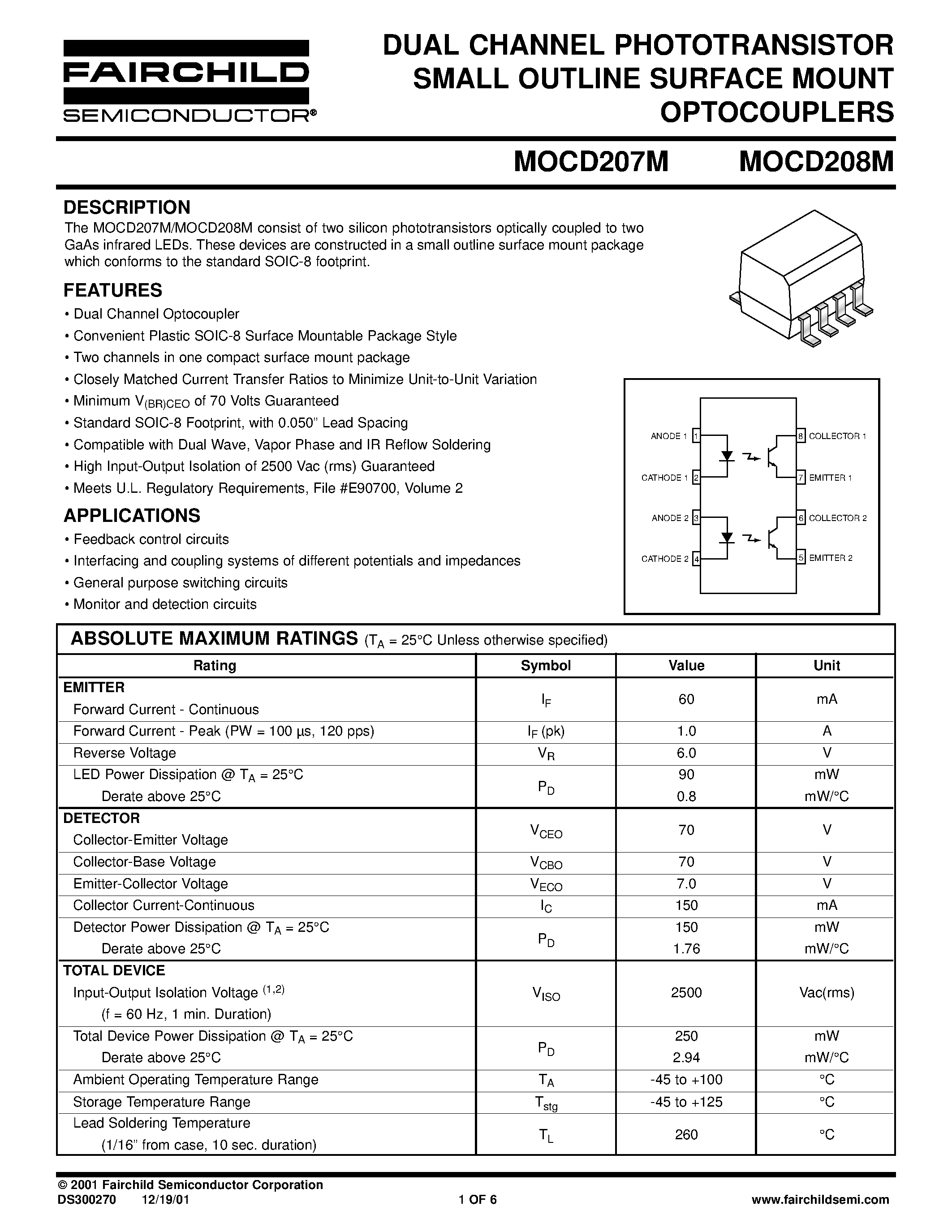 Datasheet MOCD207M - (MOCD207M / MOCD208M) DUAL CHANNEL PHOTOTRANSISTOR page 1