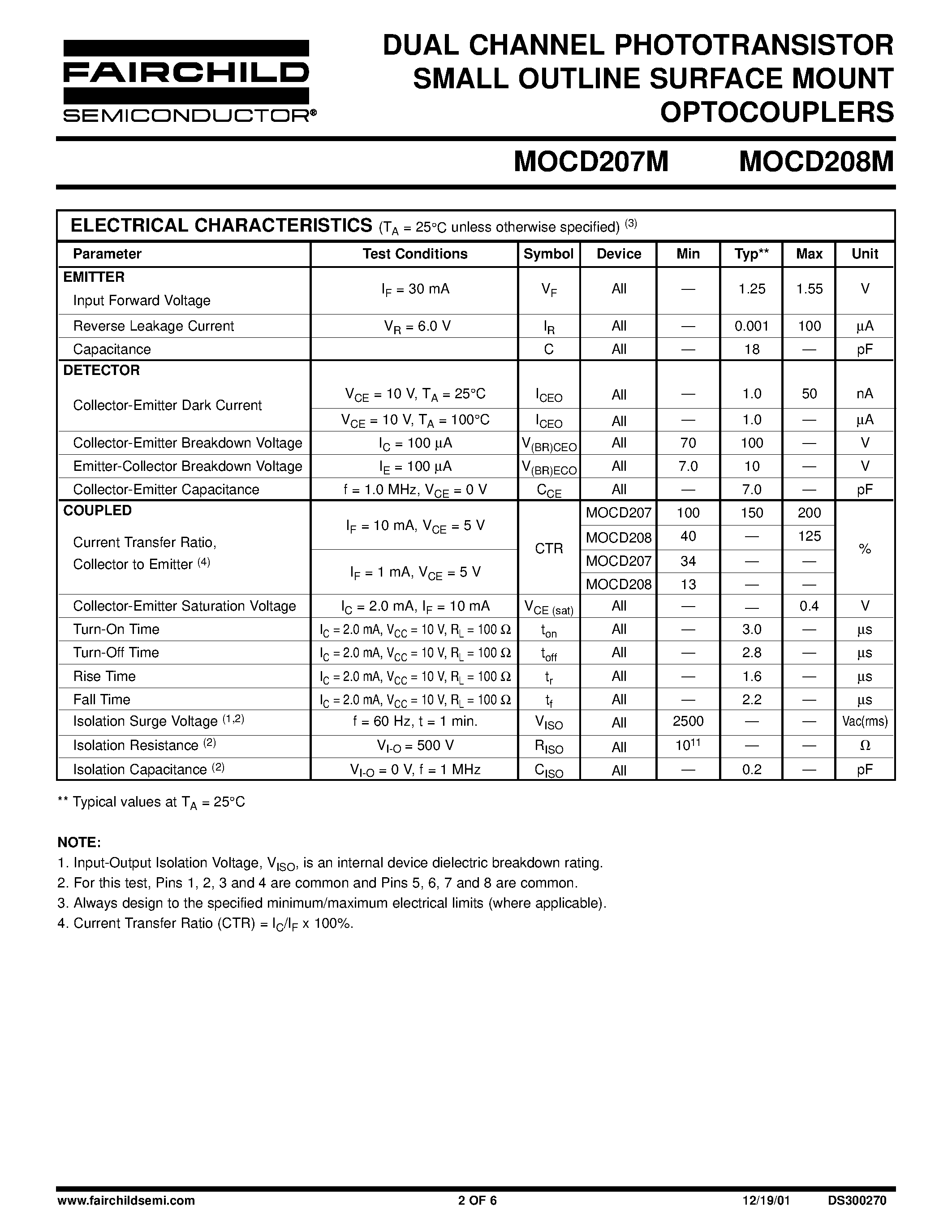 Datasheet MOCD207M - (MOCD207M / MOCD208M) DUAL CHANNEL PHOTOTRANSISTOR page 2