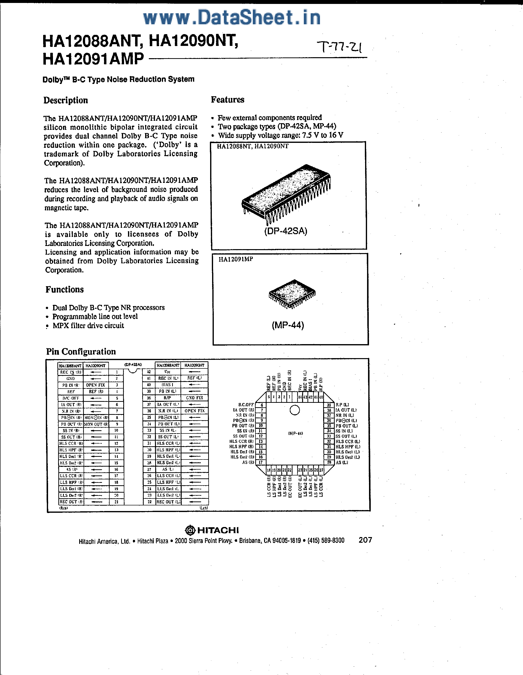 Даташит HA12088ANT - (HA12088ANT / HA12090NT / HA12091AMP) Dolby B-C Type Reduction System страница 1