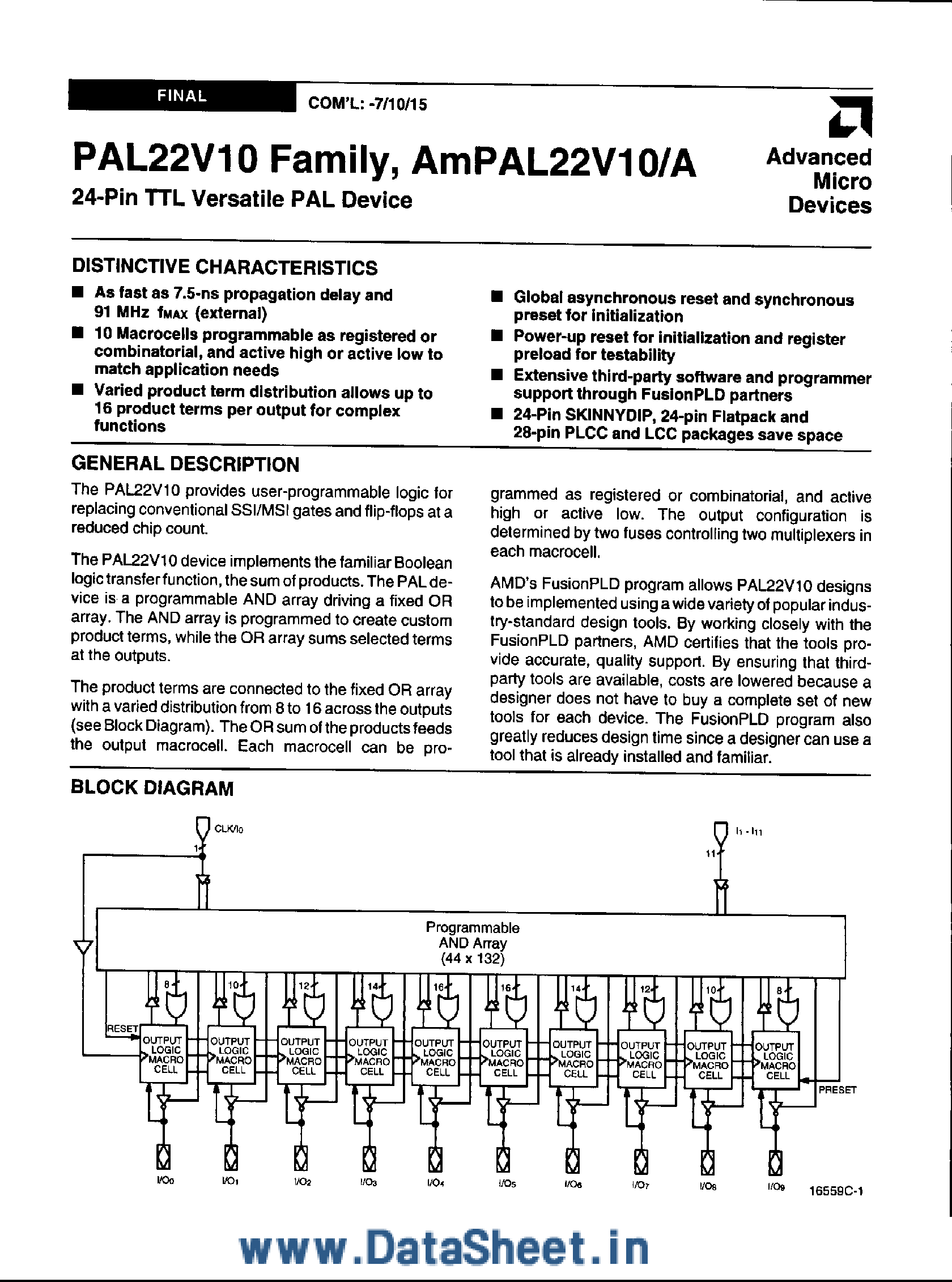 Даташит PAL22V10 - 24-Pin TTL Versatile PAL Device страница 1