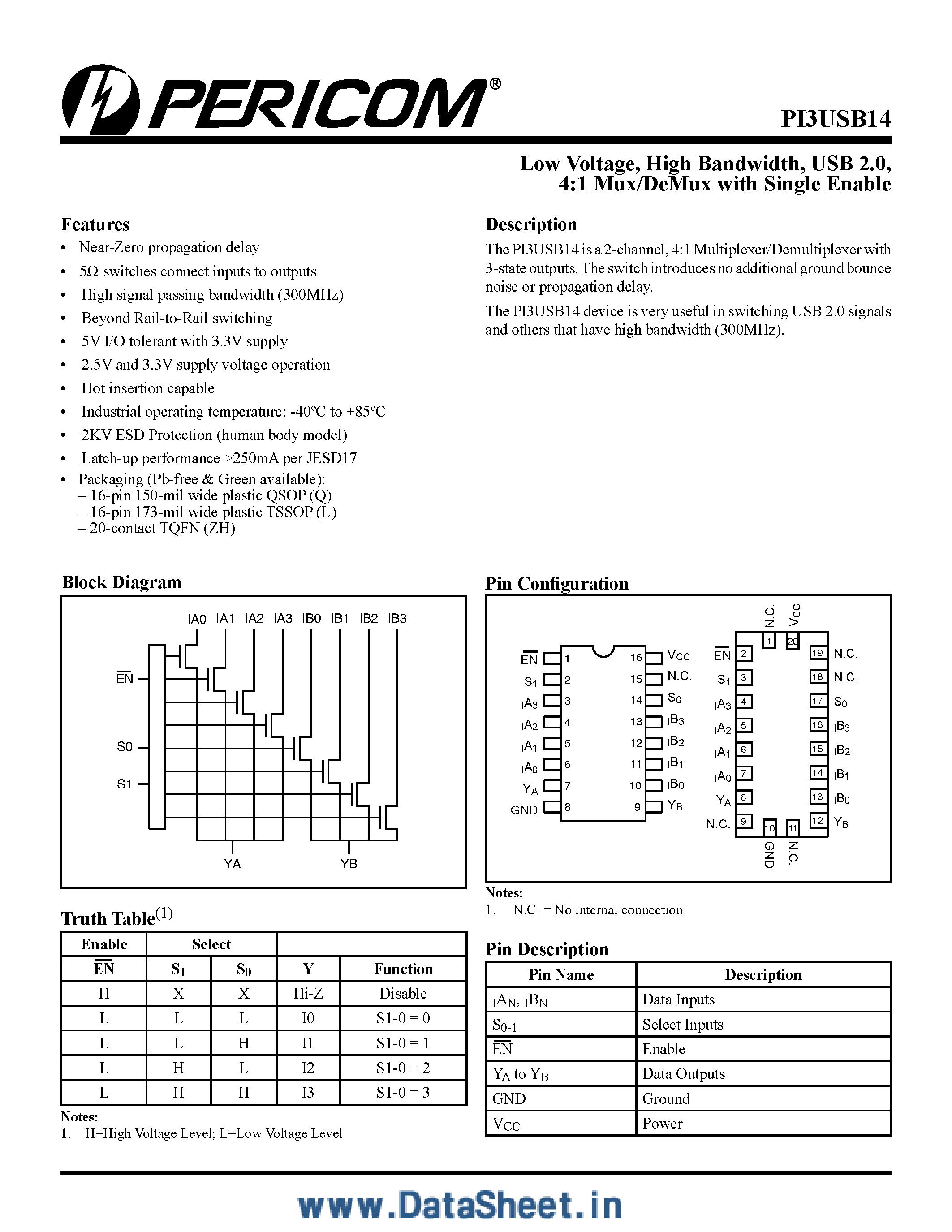 Даташит PI3USB14 - Low Voltage High Bandwidth / USB 2.0 4:1 Mux/DeMux страница 1