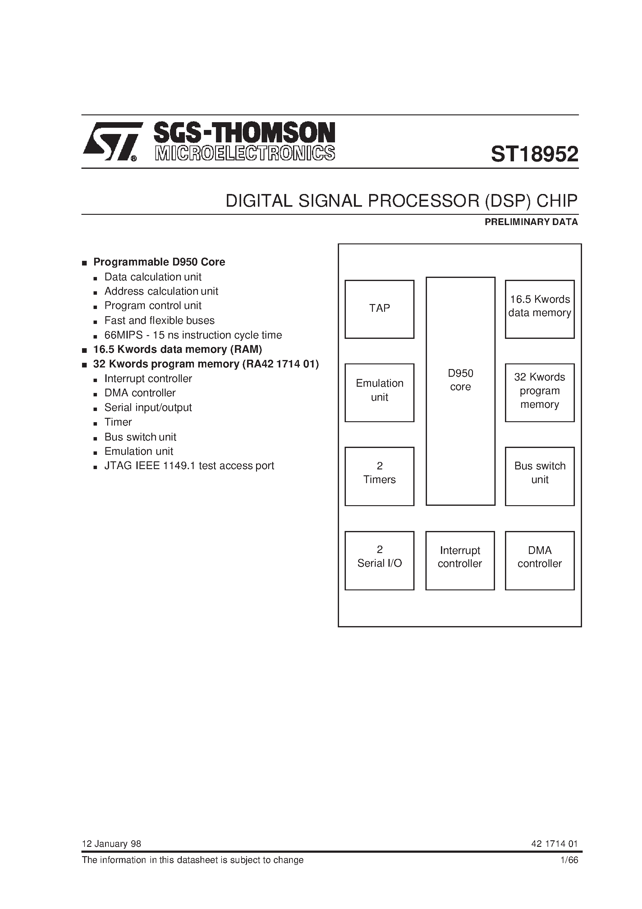 Datasheet ST18952 - DIGITAL SIGNAL PROCESSOR DSP CHIP page 1