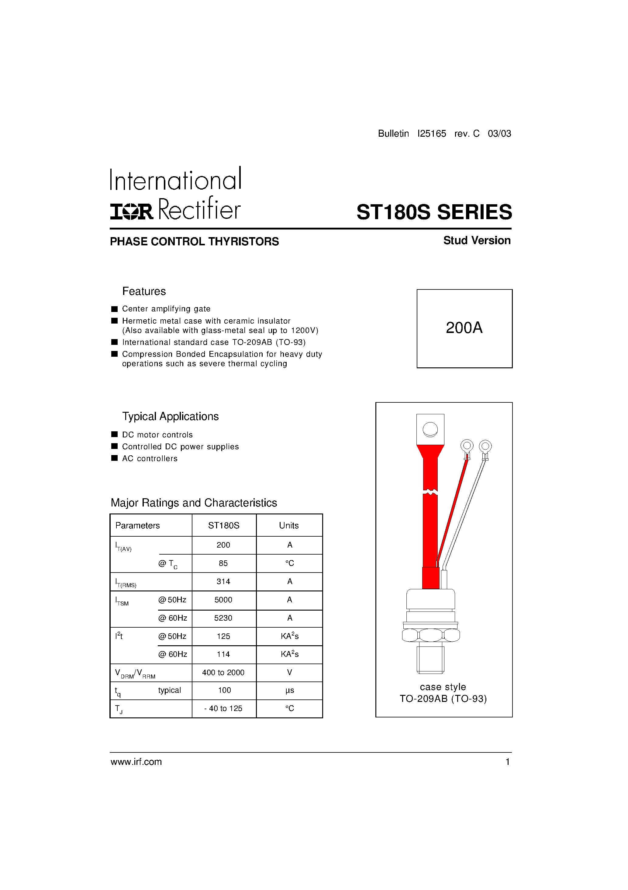 Datasheet ST180Sxxx - PHASE CONTROL THYRISTORS page 1