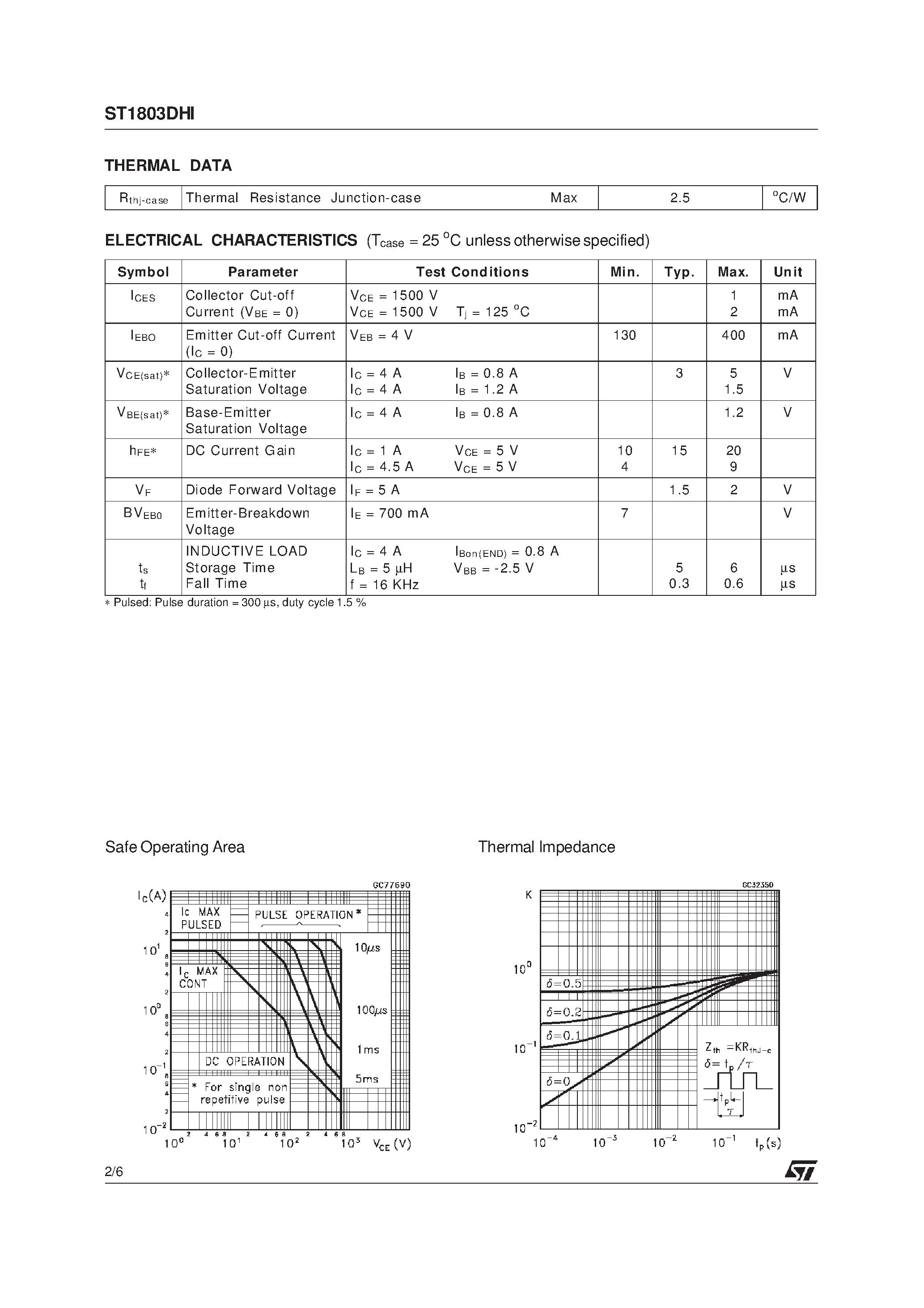 Datasheet ST1803DHI - HIGH VOLTAGE FAST-SWITCHING NPN POWER TRANSISTOR page 2