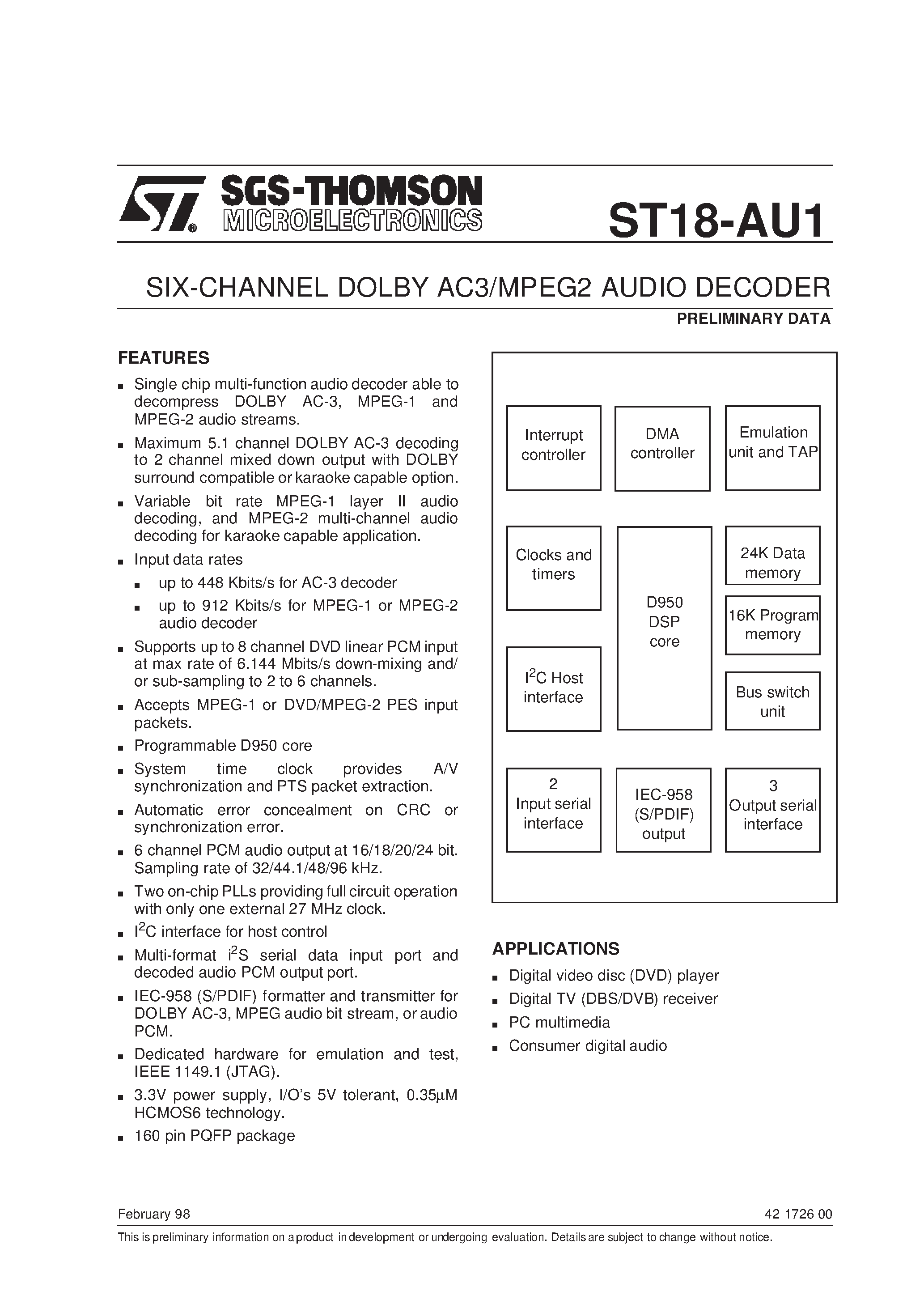 Datasheet ST18-AU1 - SIX-CHANNEL DOLBY AC3/MPEG2 AUDIO DECODER page 1