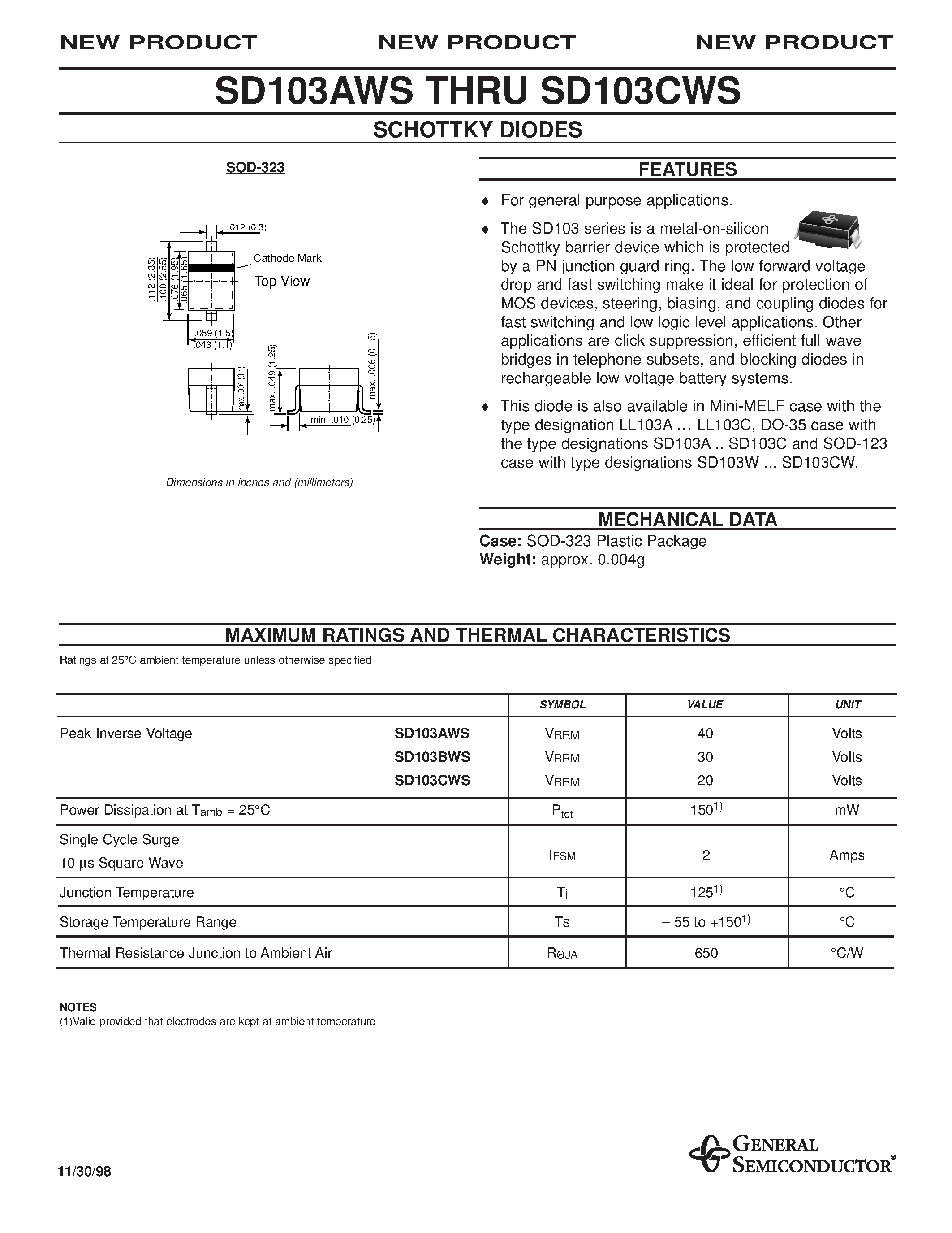 Datasheet SD103AWS - (SD103AWS - SD103CWS) SCHOTTKY DIODES page 1