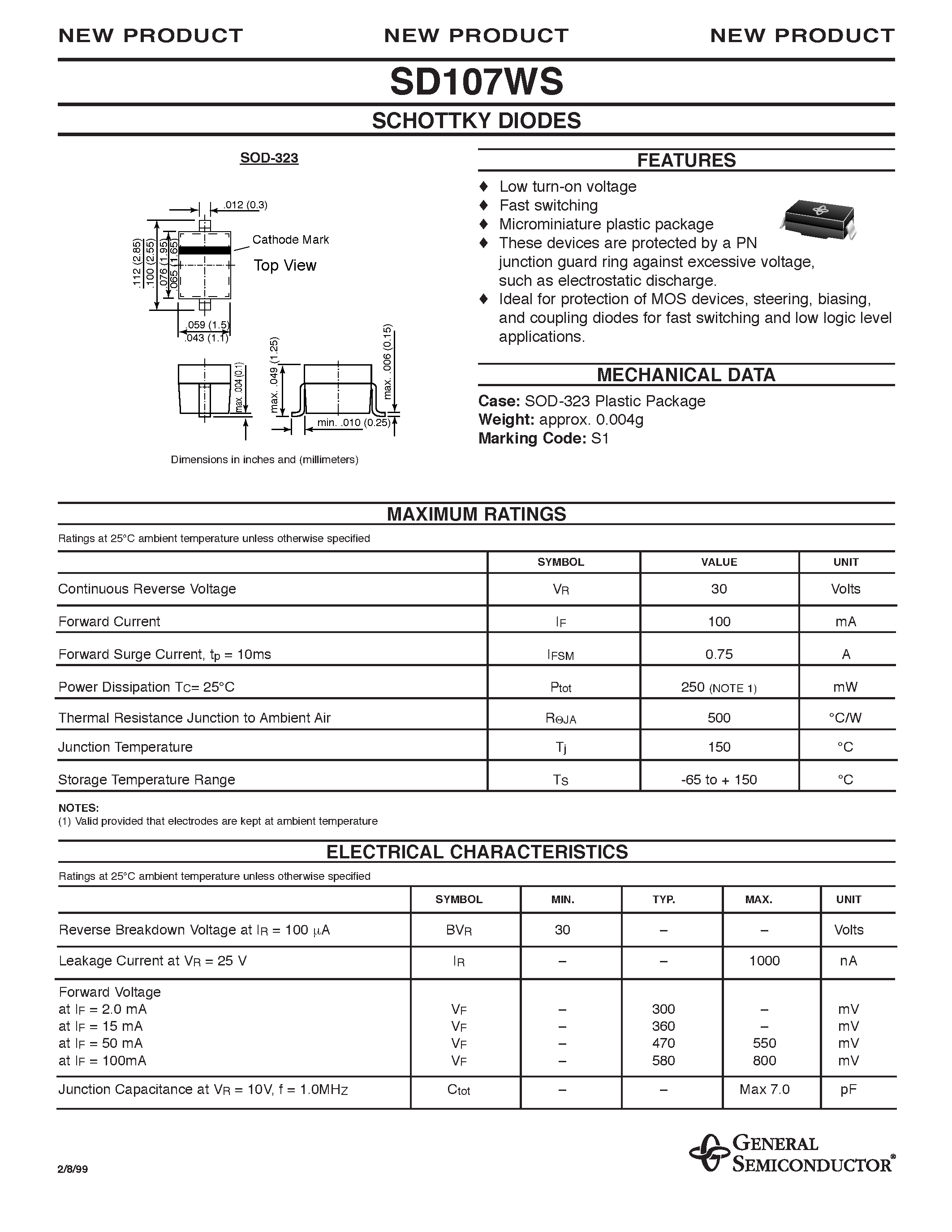 Datasheet SD107WS - SCHOTTKY DIODES page 1