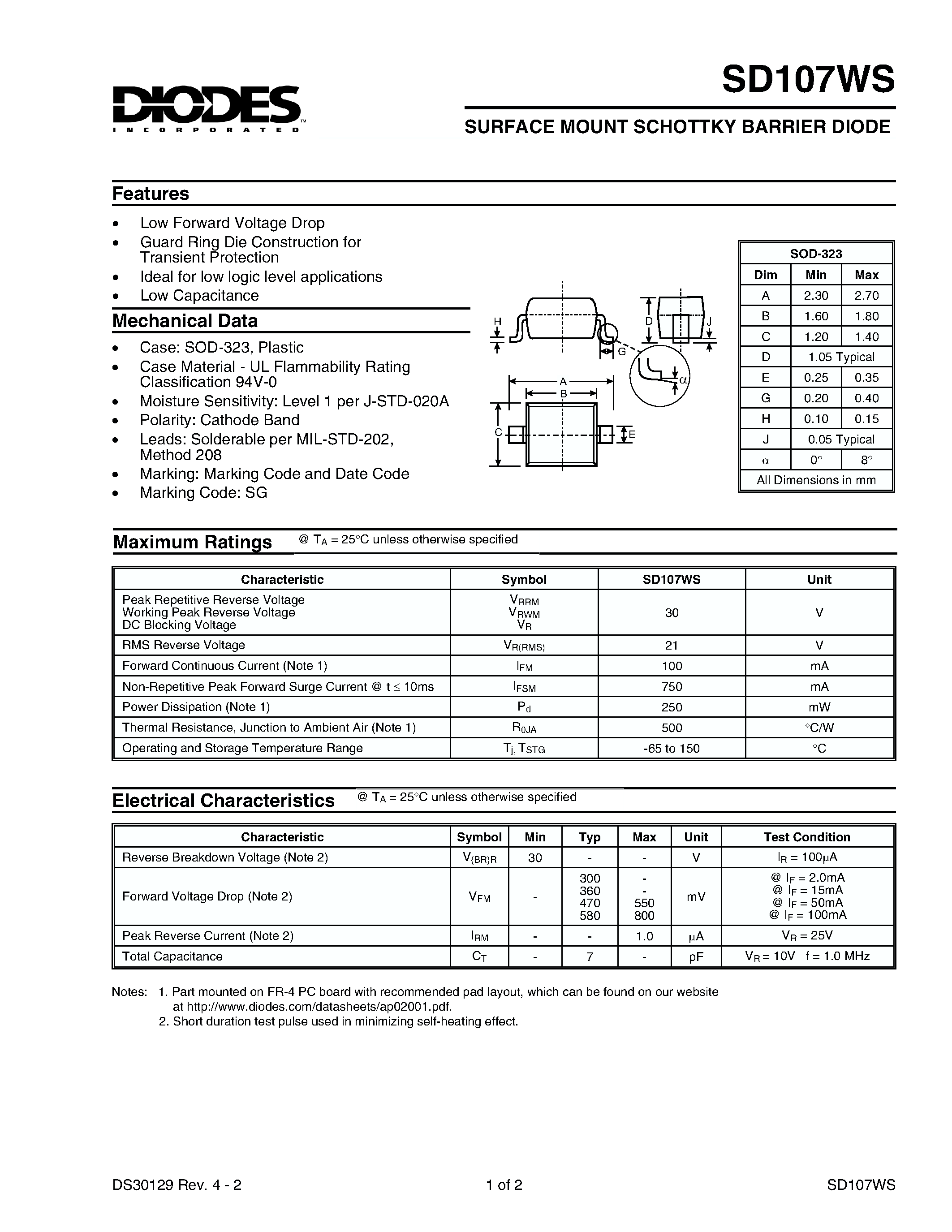 Datasheet SD107WS - SURFACE MOUNT SCHOTTKY BARRIER DIODE page 1