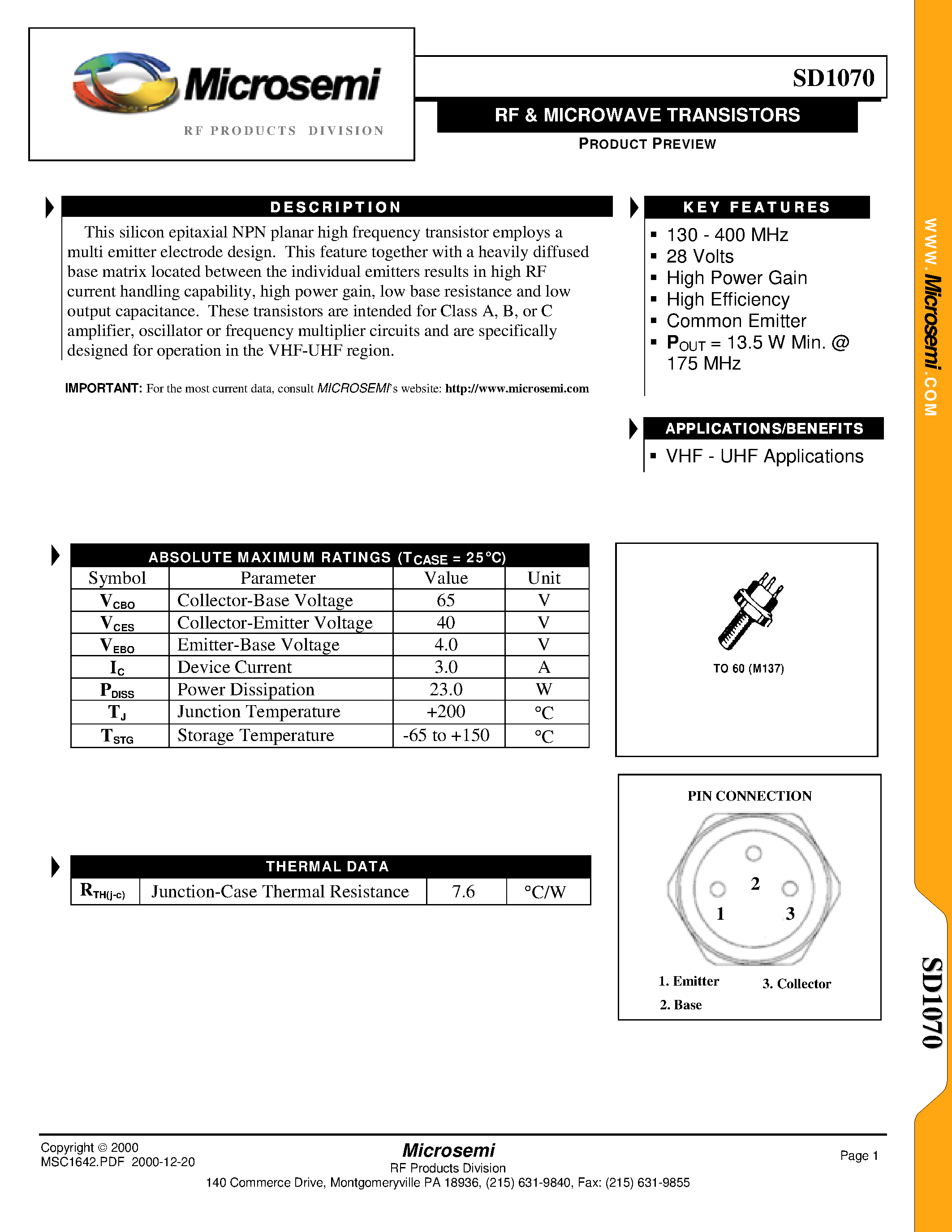 Datasheet SD1070 - RF & MICROWAVE TRANSISTORS page 1