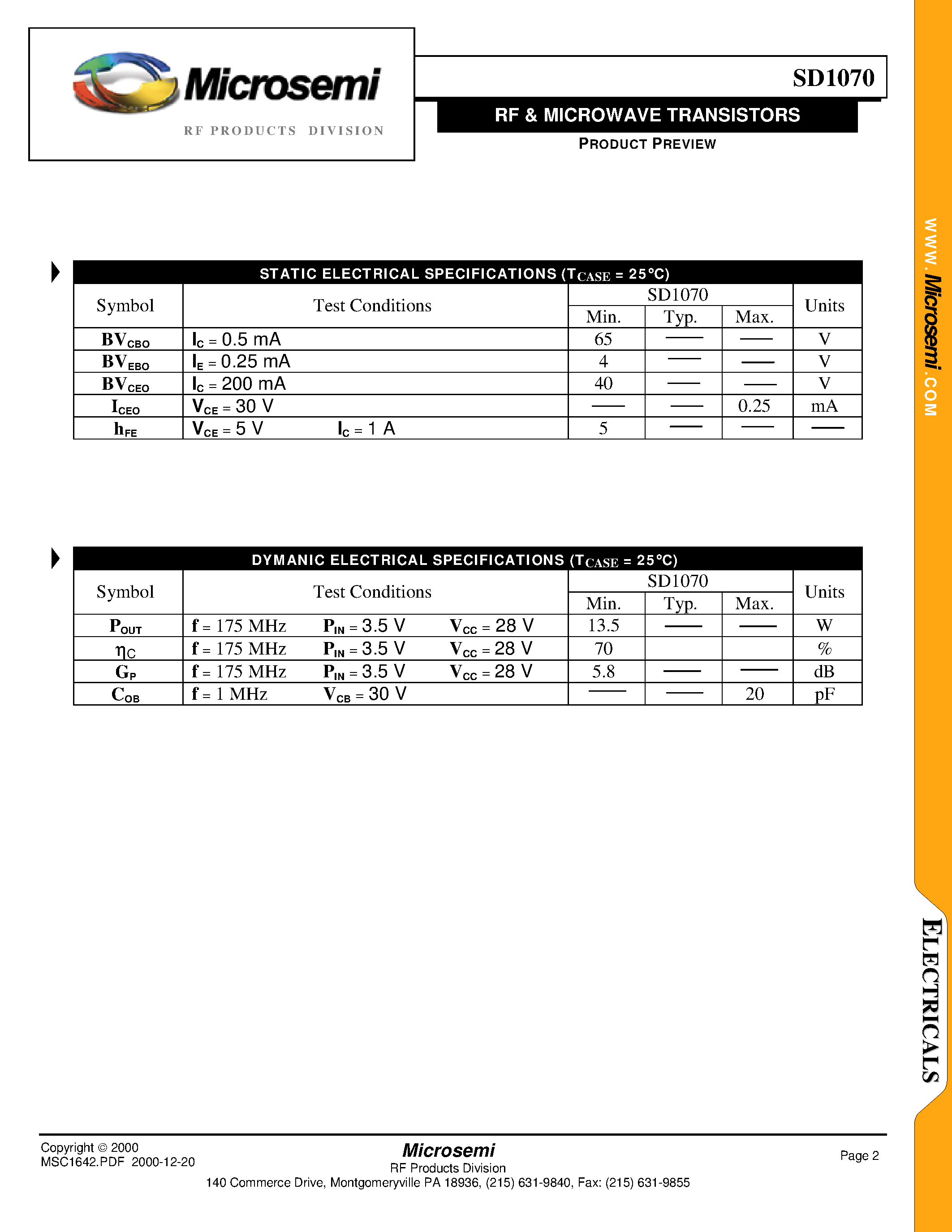 Datasheet SD1070 - RF & MICROWAVE TRANSISTORS page 2