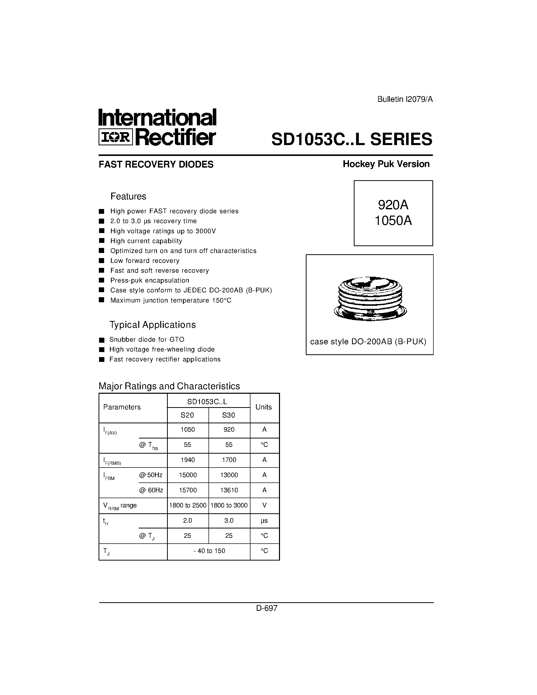 Datasheet SD1053C - FAST RECOVERY DIODES Hockey Puk Version page 1