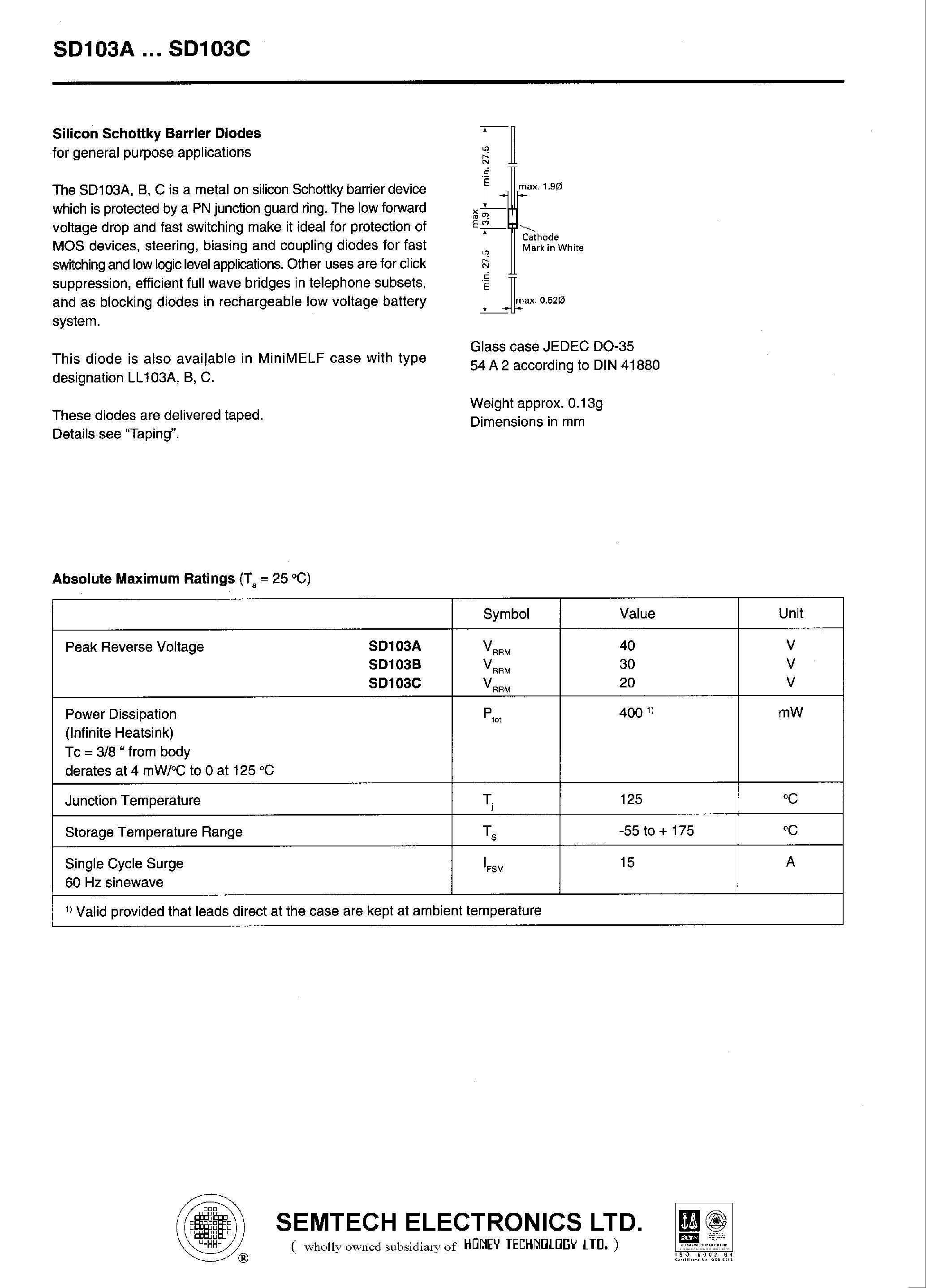 Datasheet SD103A - (SD103A - SD103C) Silicon Schottky Barrier Diodes for general purpose applications page 1