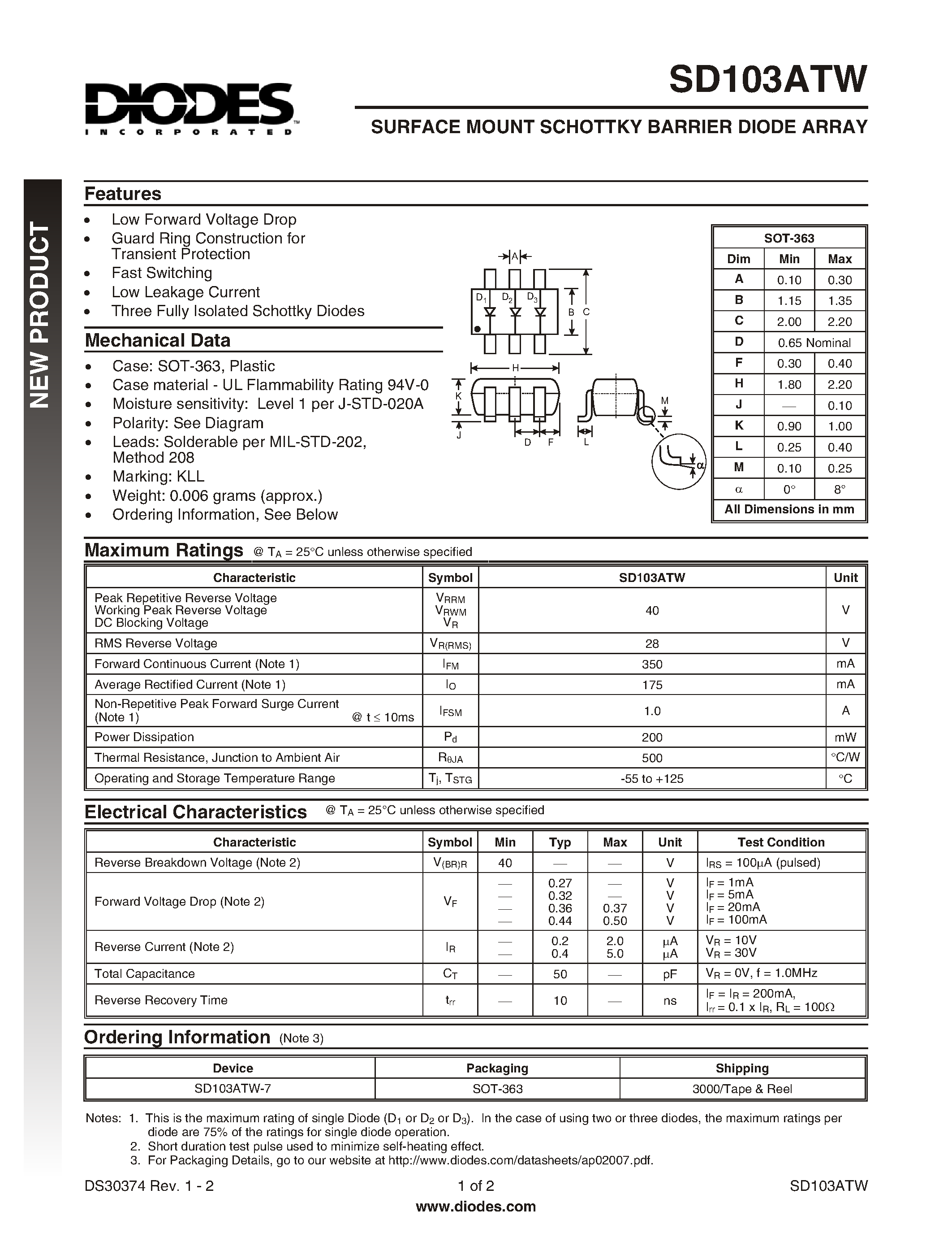 Datasheet SD103ATW - SURFACE MOUNT SCHOTTKY BARRIER DIODE ARRAY page 1