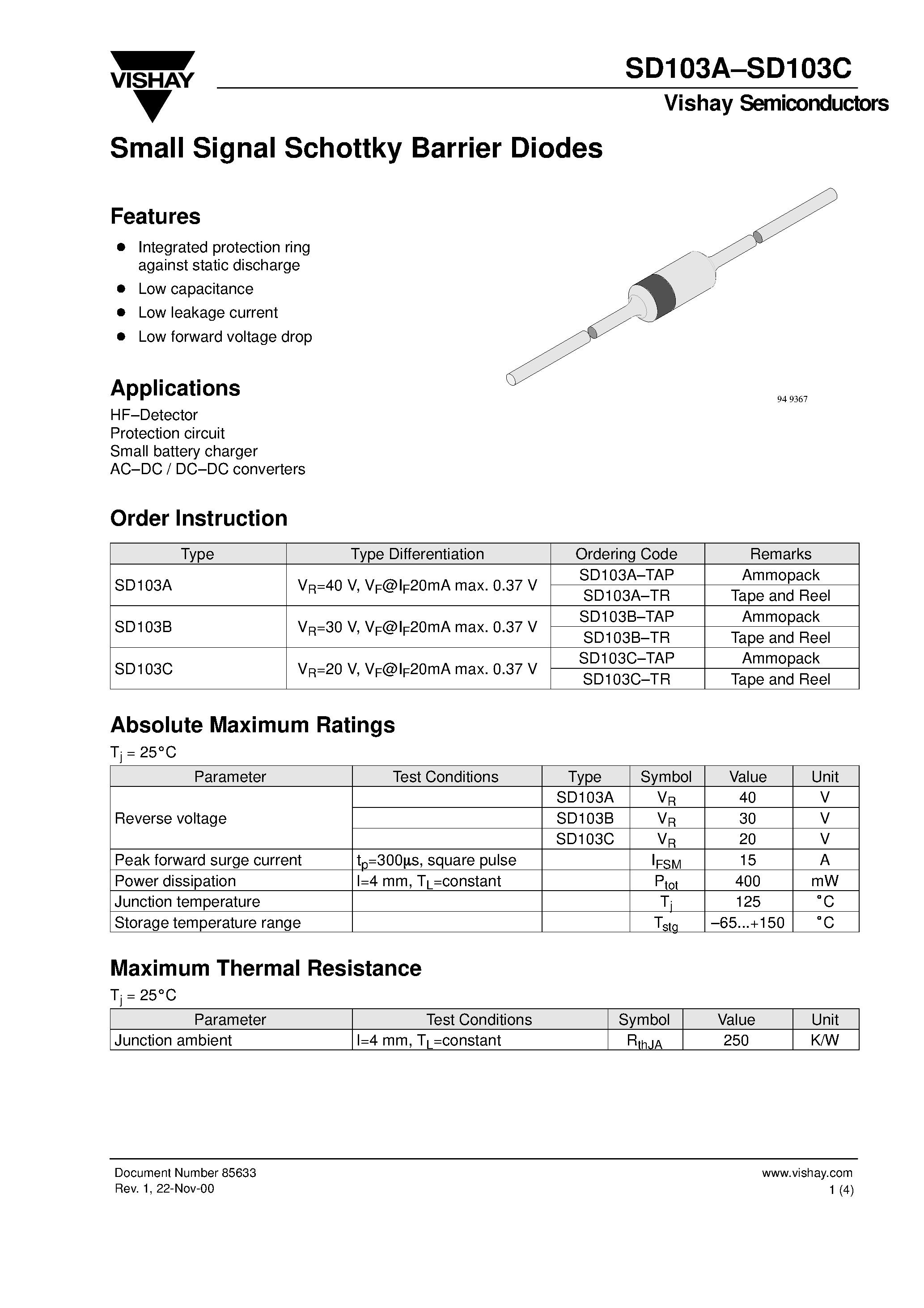 Datasheet SD103A - (SD103A - SD103C) Small Signal Schottky Barrier Diodes page 1