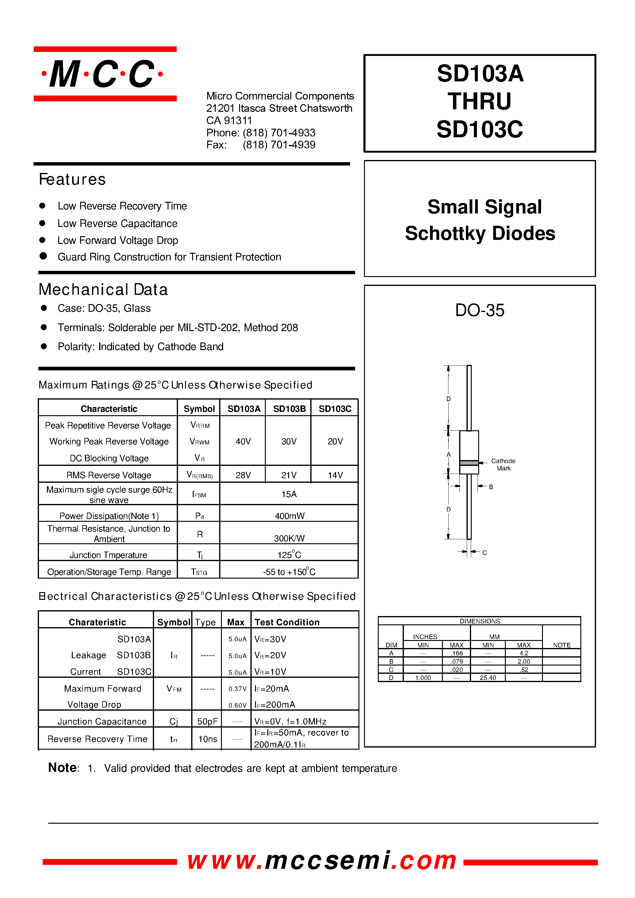 Datasheet SD103A - (SD103A - SD103C) Small Signal Schottky Diodes page 1