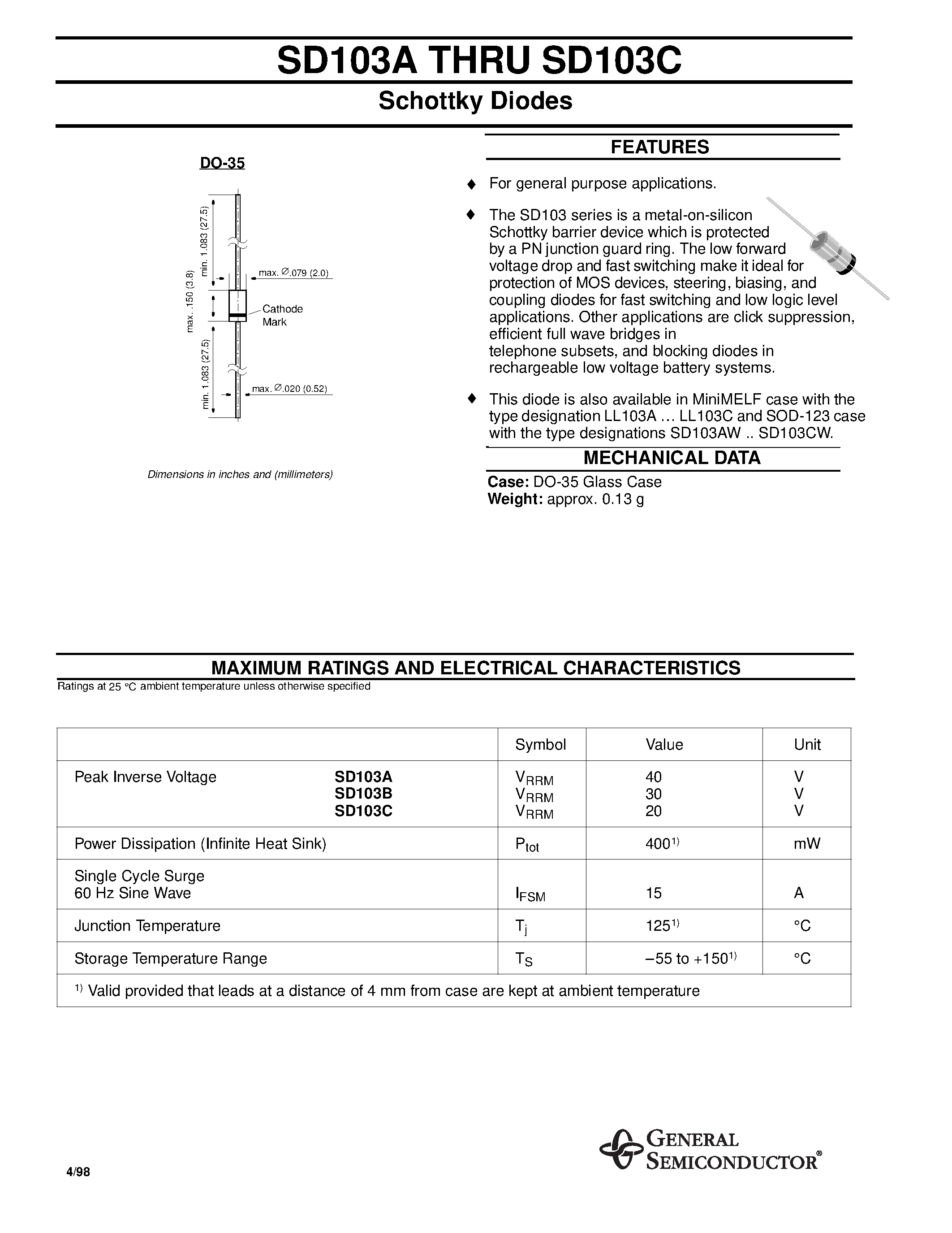 Datasheet SD103A - (SD103A - SD103C) Schottky Diodes page 1