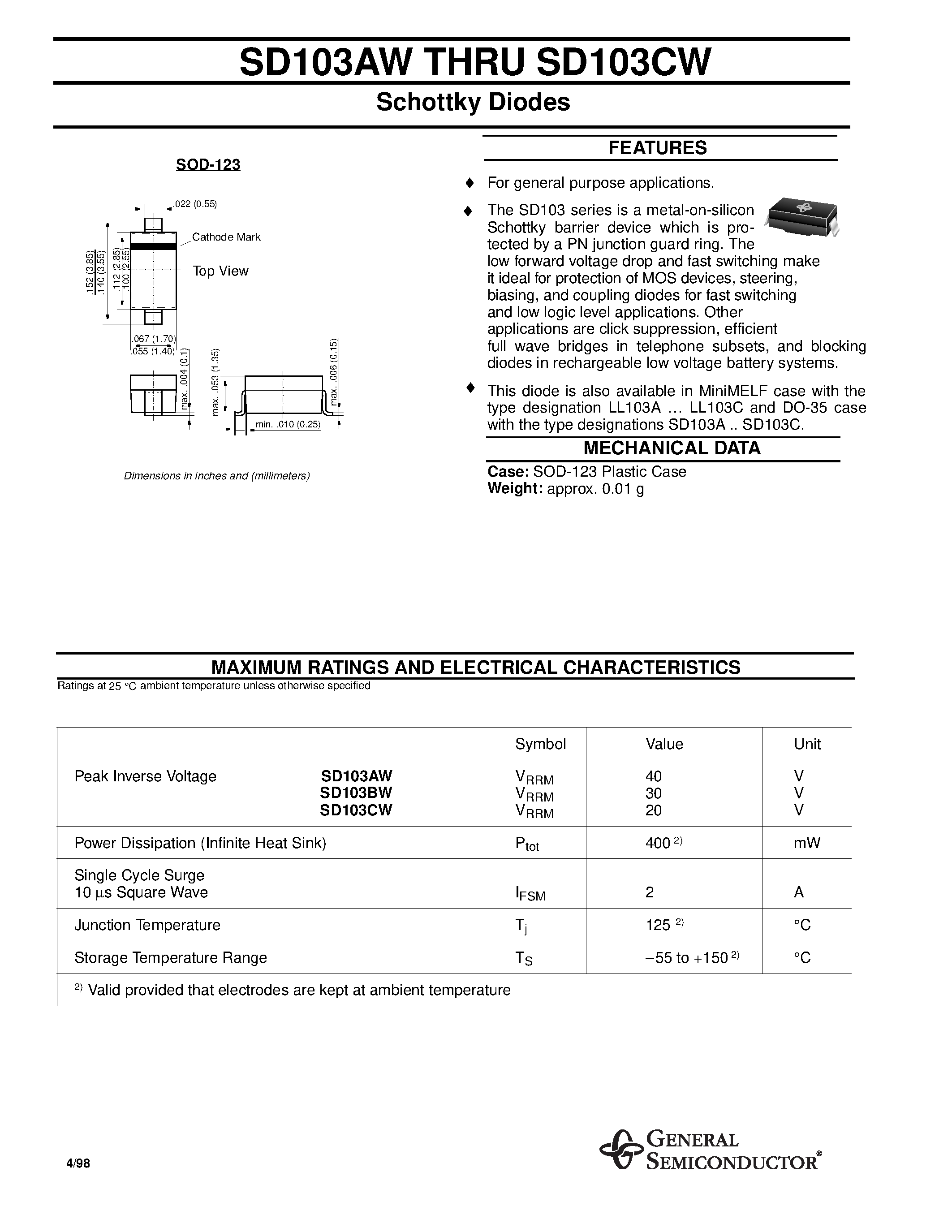 Datasheet SD103AW - (SD103AW - SD103CW) Schottky Diodes page 1