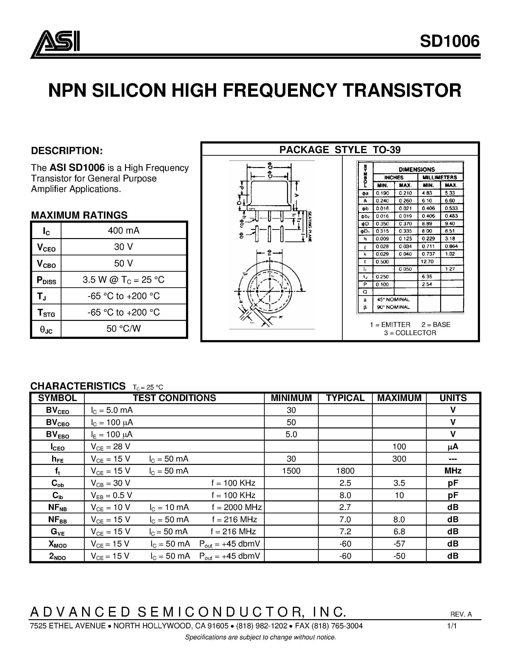 Datasheet SD1006 - NPN SILICON HIGH FREQUENCY TRANSISTOR page 1