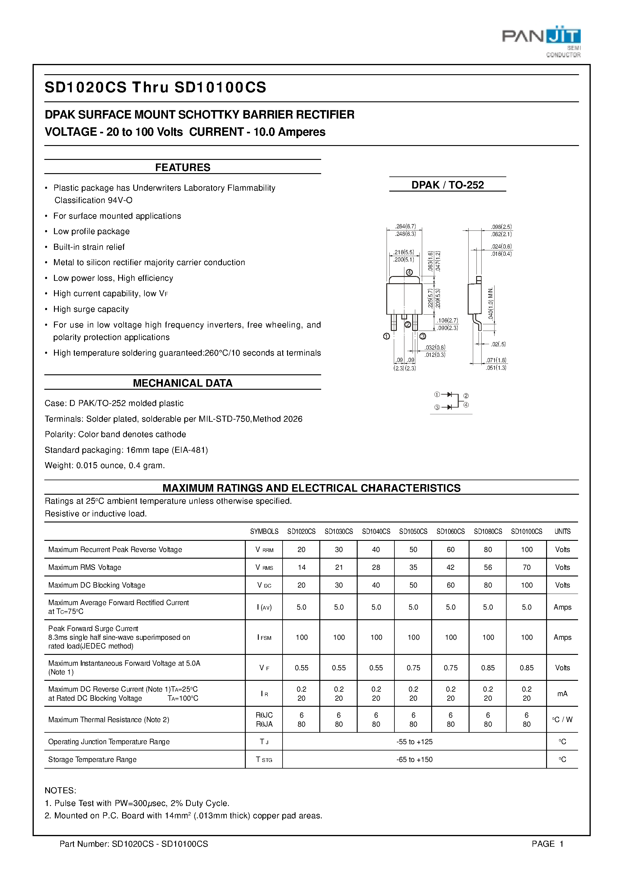 Datasheet SD10100CS - DPAK SURFACE MOUNT SCHOTTKY BARRIER RECTIFIER page 1