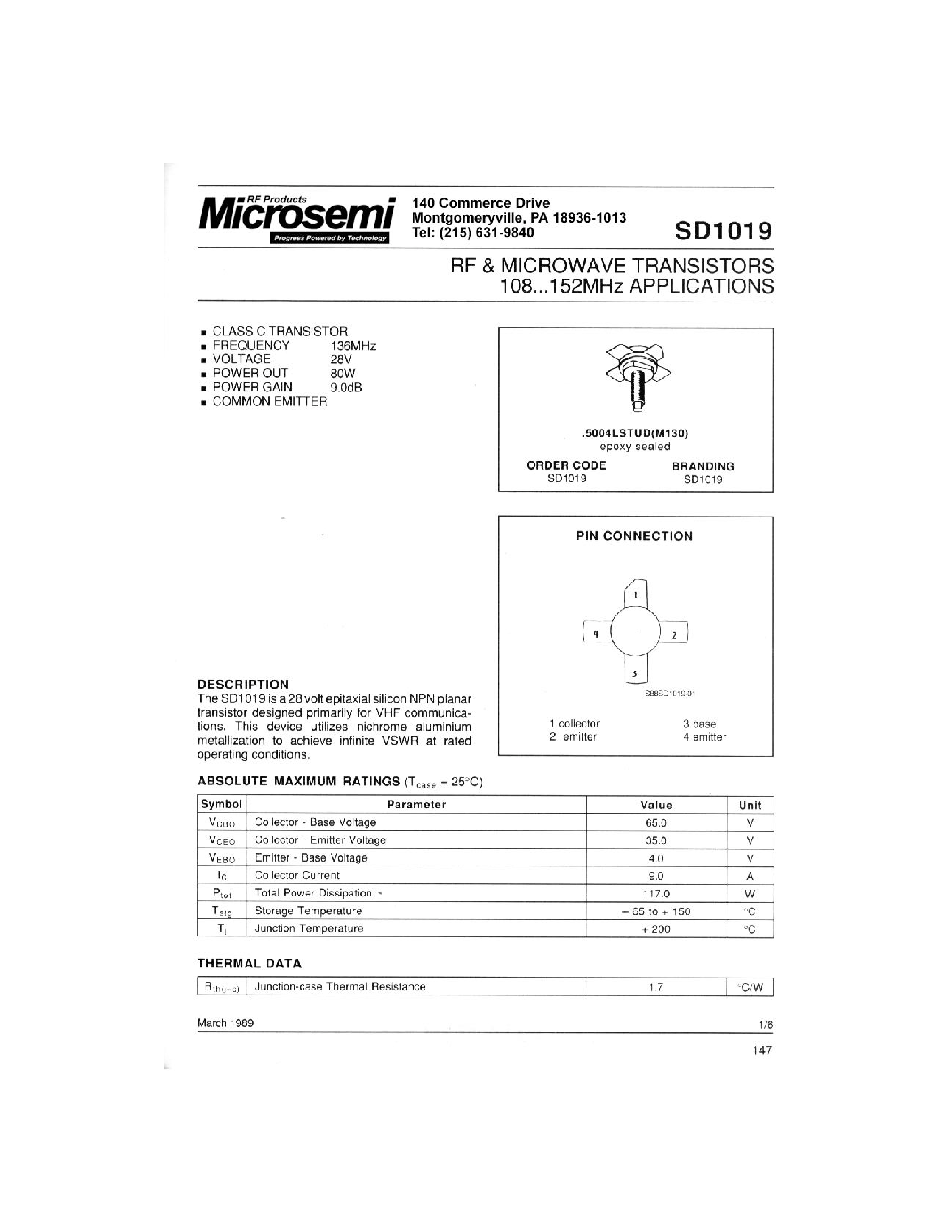 Datasheet SD1019 - RF & MICROWAVE TRANSISTORS 108-152 MHz APPLICATIONS page 1