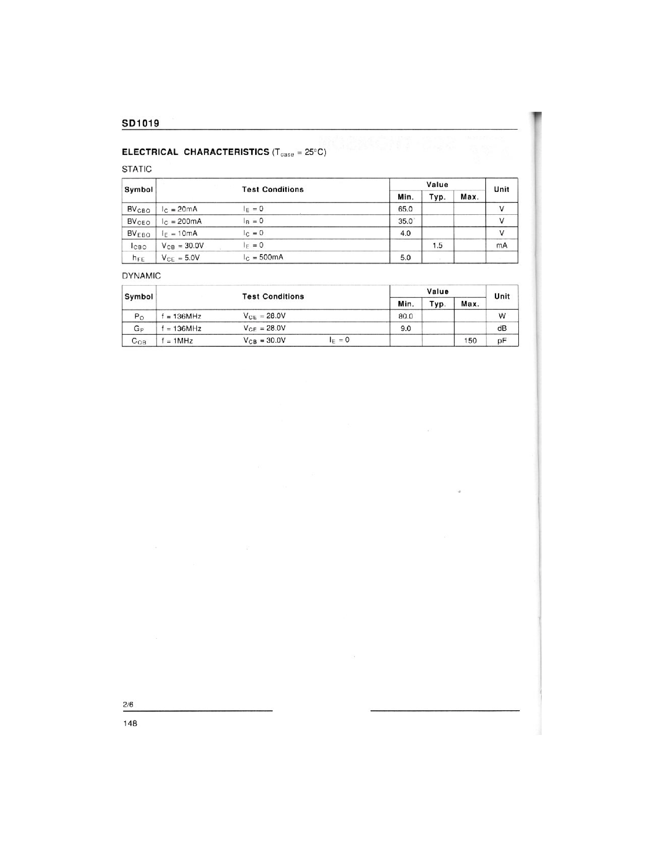 Datasheet SD1019 - RF & MICROWAVE TRANSISTORS 108-152 MHz APPLICATIONS page 2