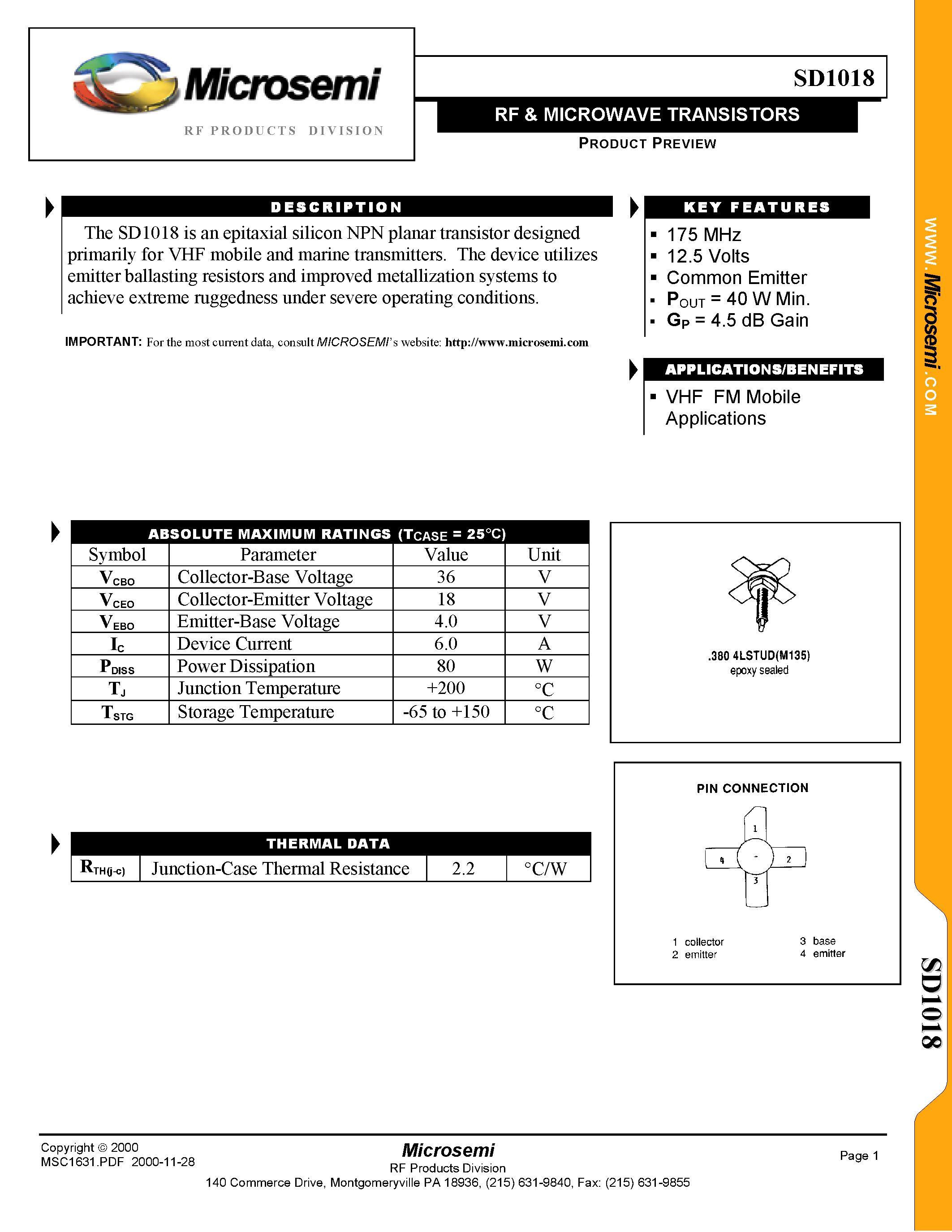 Datasheet SD1018 - RF & MICROWAVE TRANSISTORS page 1