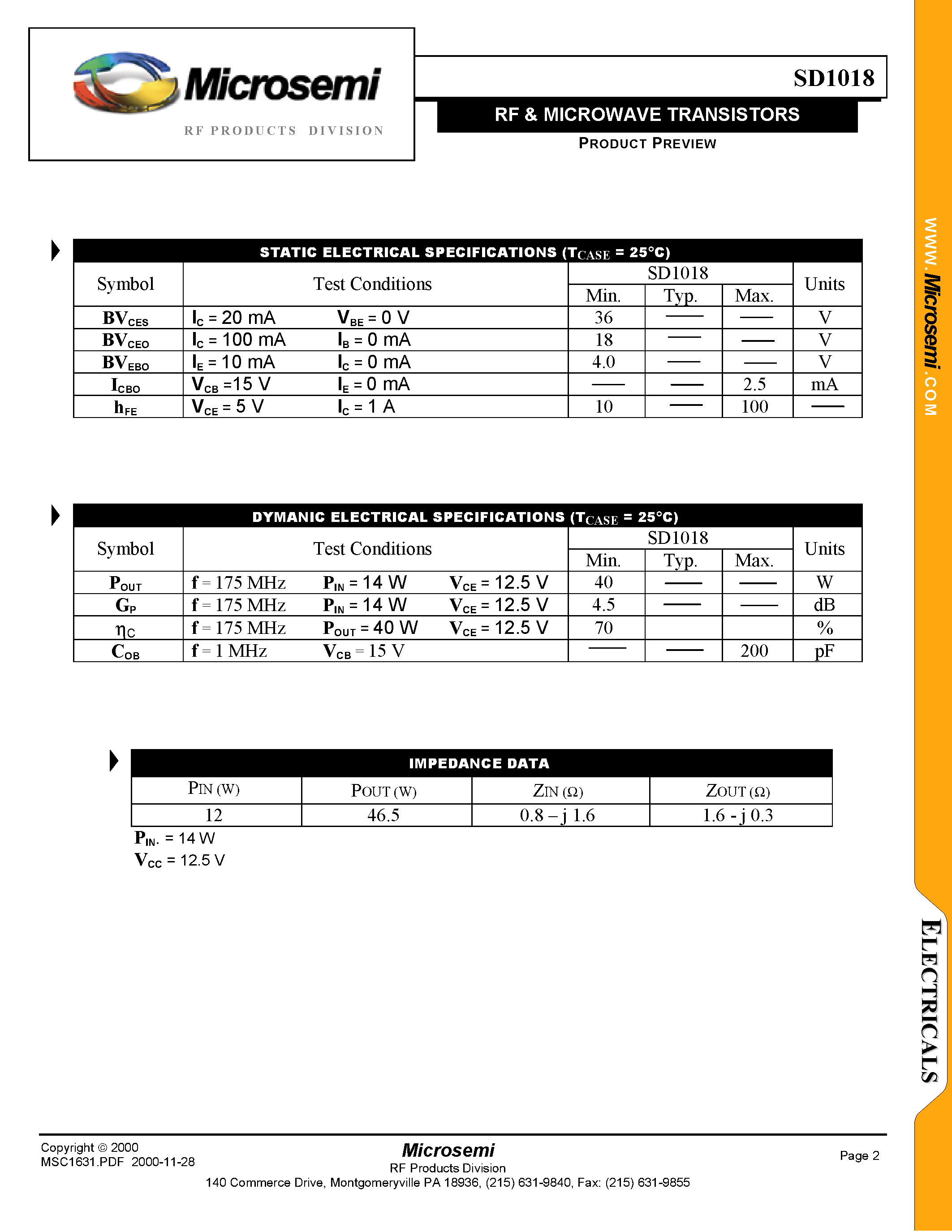 Datasheet SD1018 - RF & MICROWAVE TRANSISTORS page 2