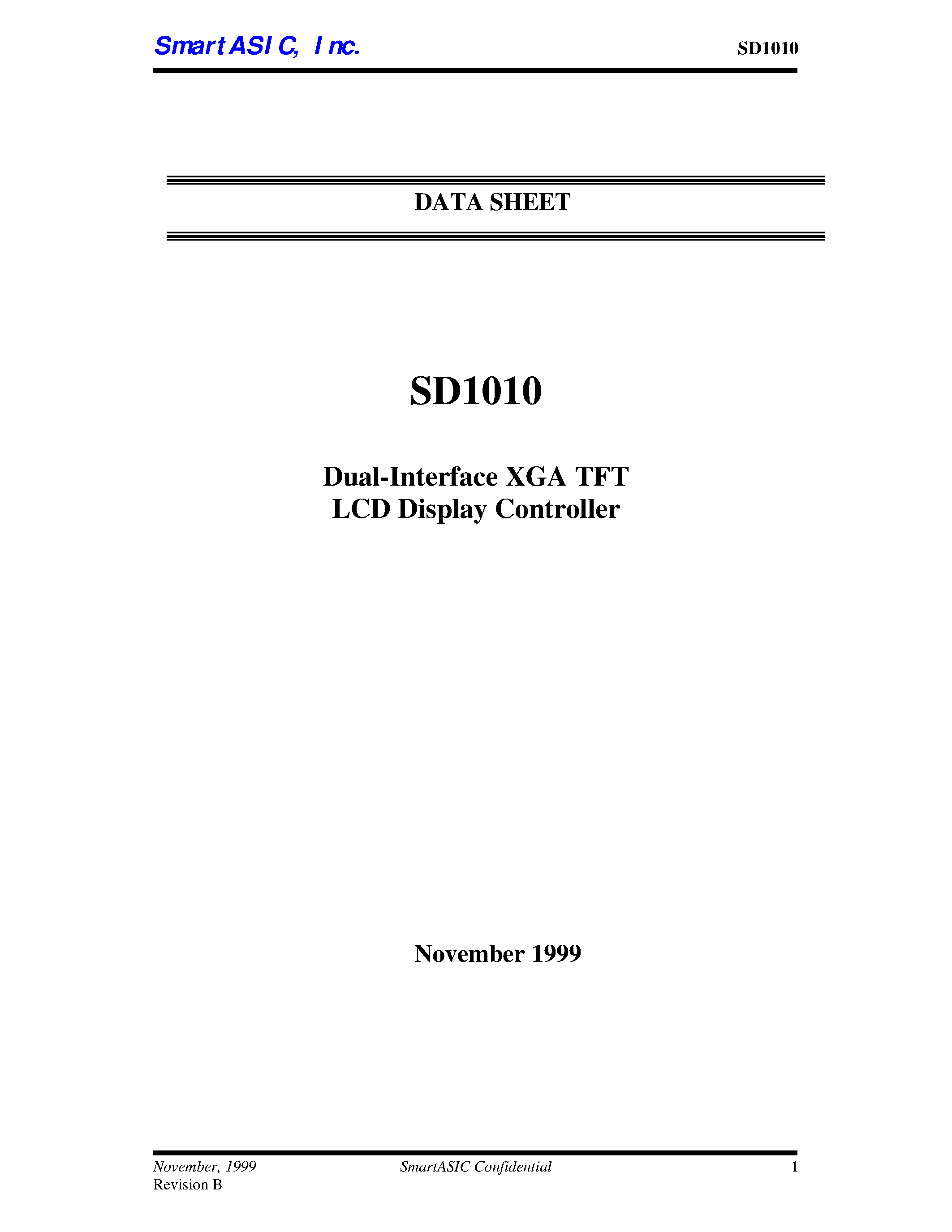 Datasheet SD1010 - Dual-Interface XGA TFT LCD Display Controller page 1