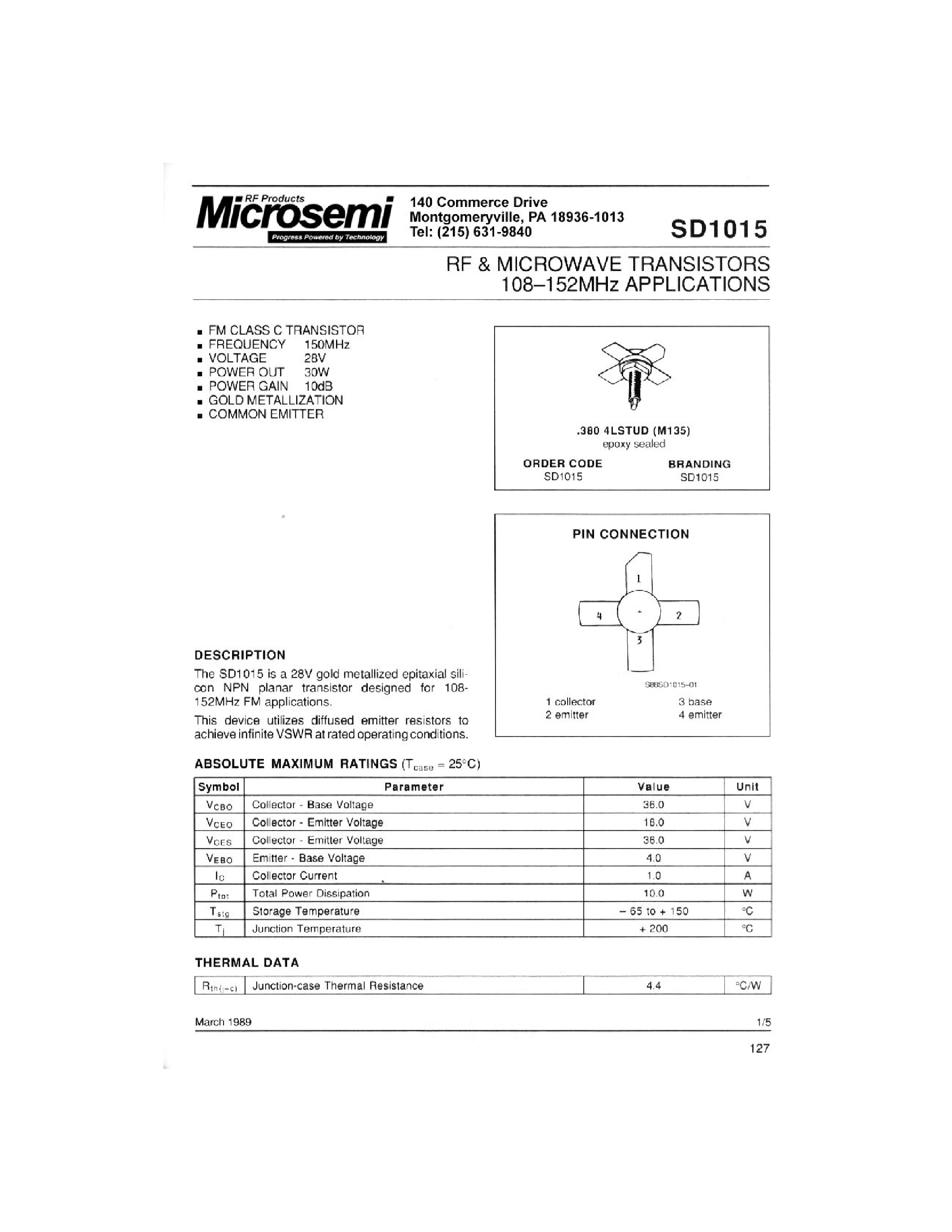 Datasheet SD1015 - RF & MICROWAVE TRANSISTORS 108-152 MHz APPLICATIONS page 1