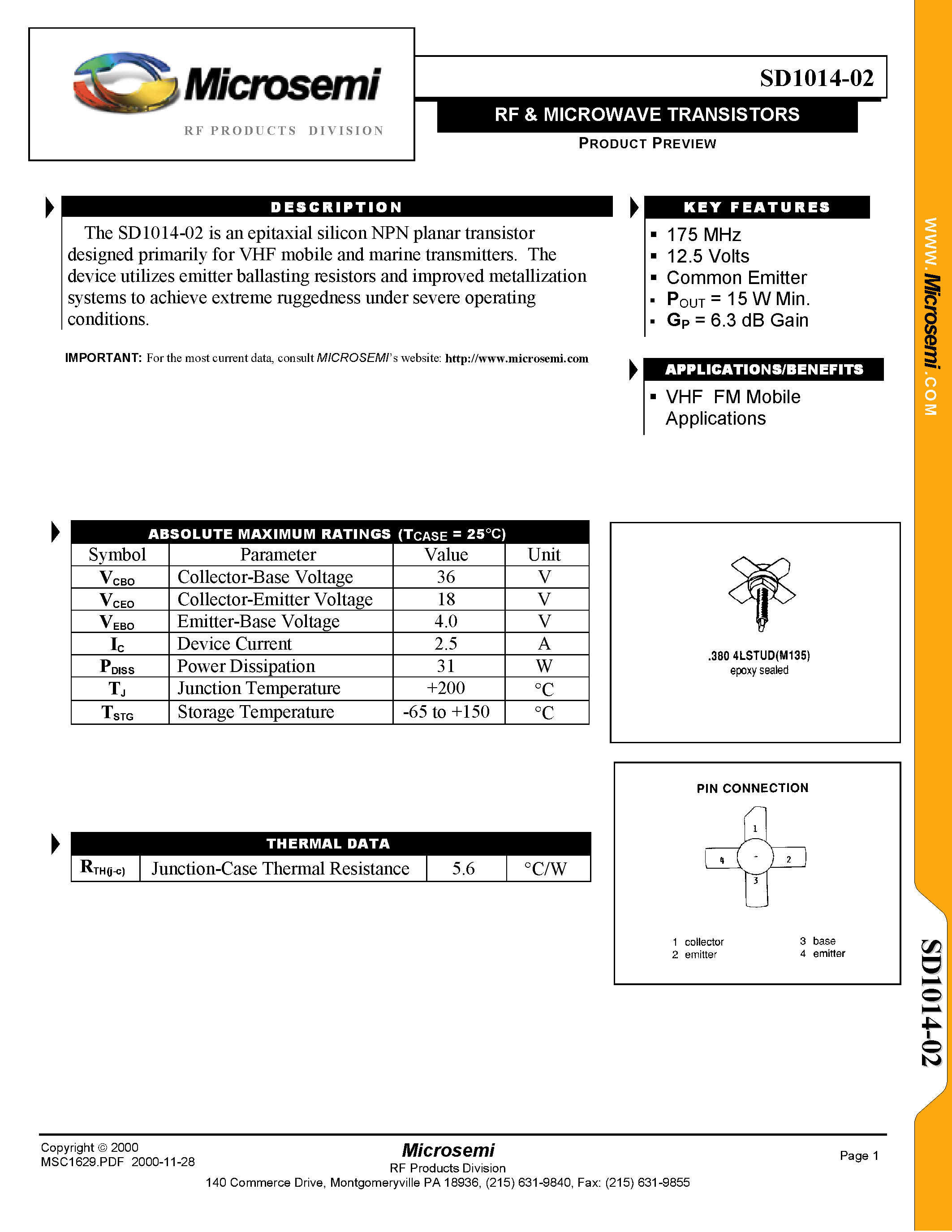 Datasheet SD1014-02 - RF & MICROWAVE Transistors page 1