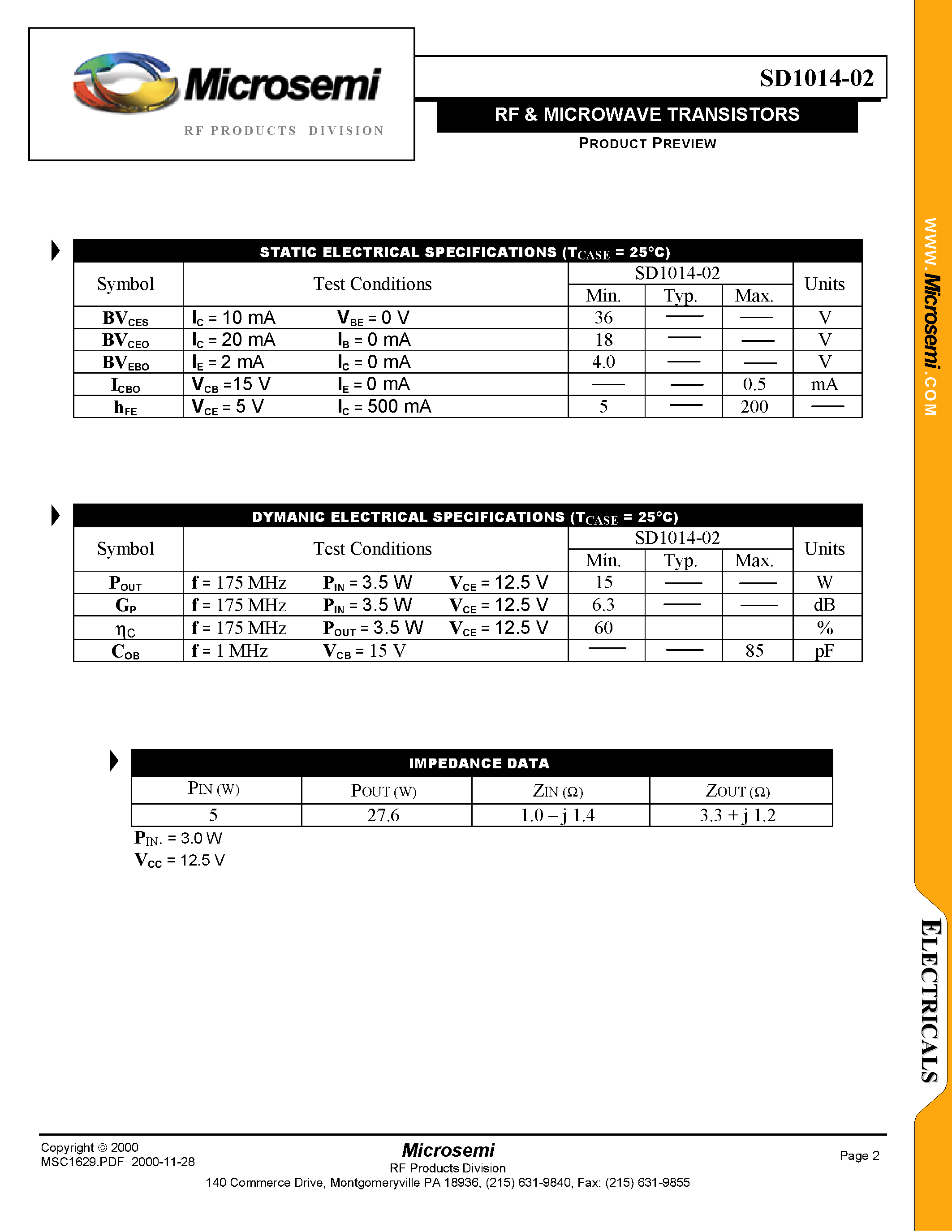 Datasheet SD1014-02 - RF & MICROWAVE Transistors page 2