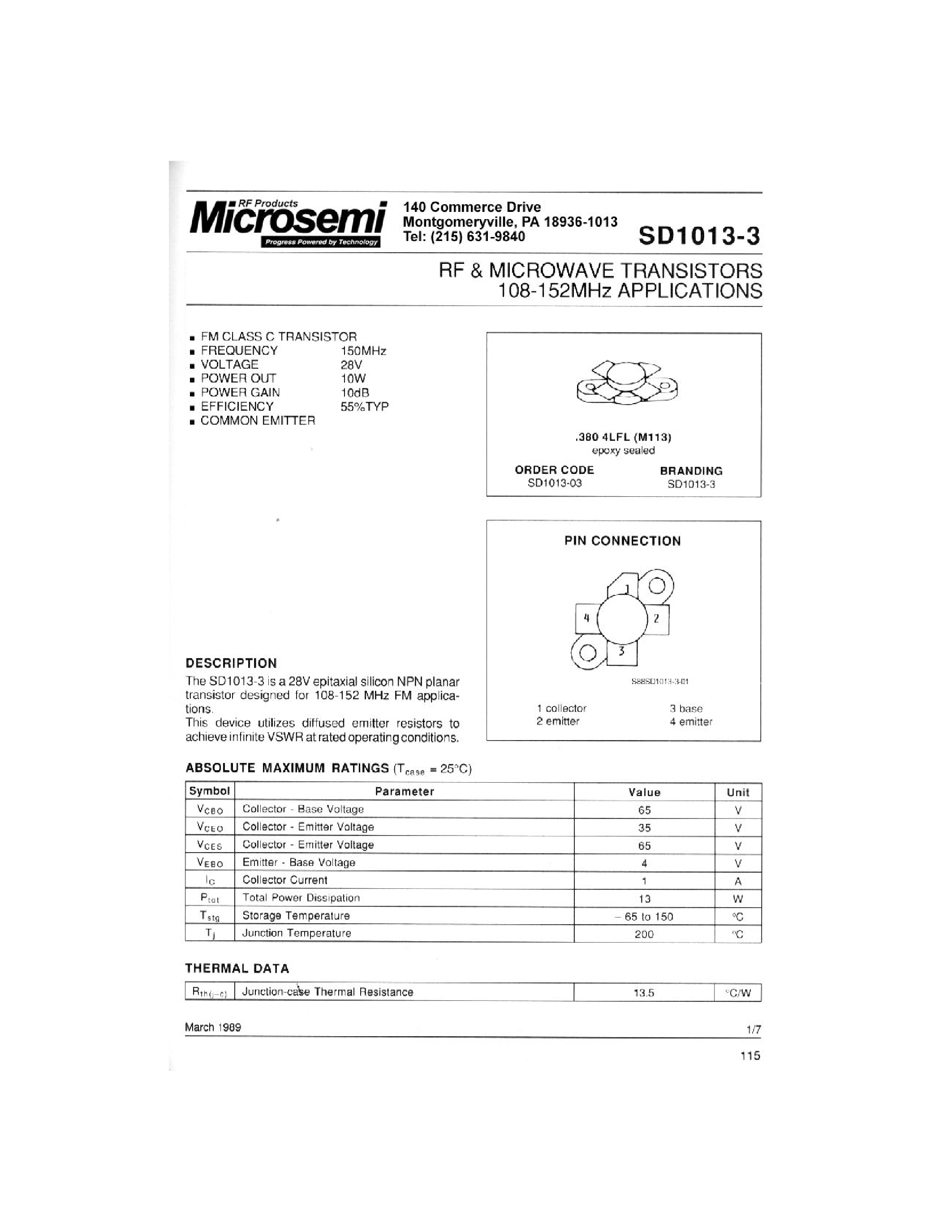 Datasheet SD1013-3 - RF & MICROWAVE TRANSISTORS 108-152 MHz APPLICATIONS page 1