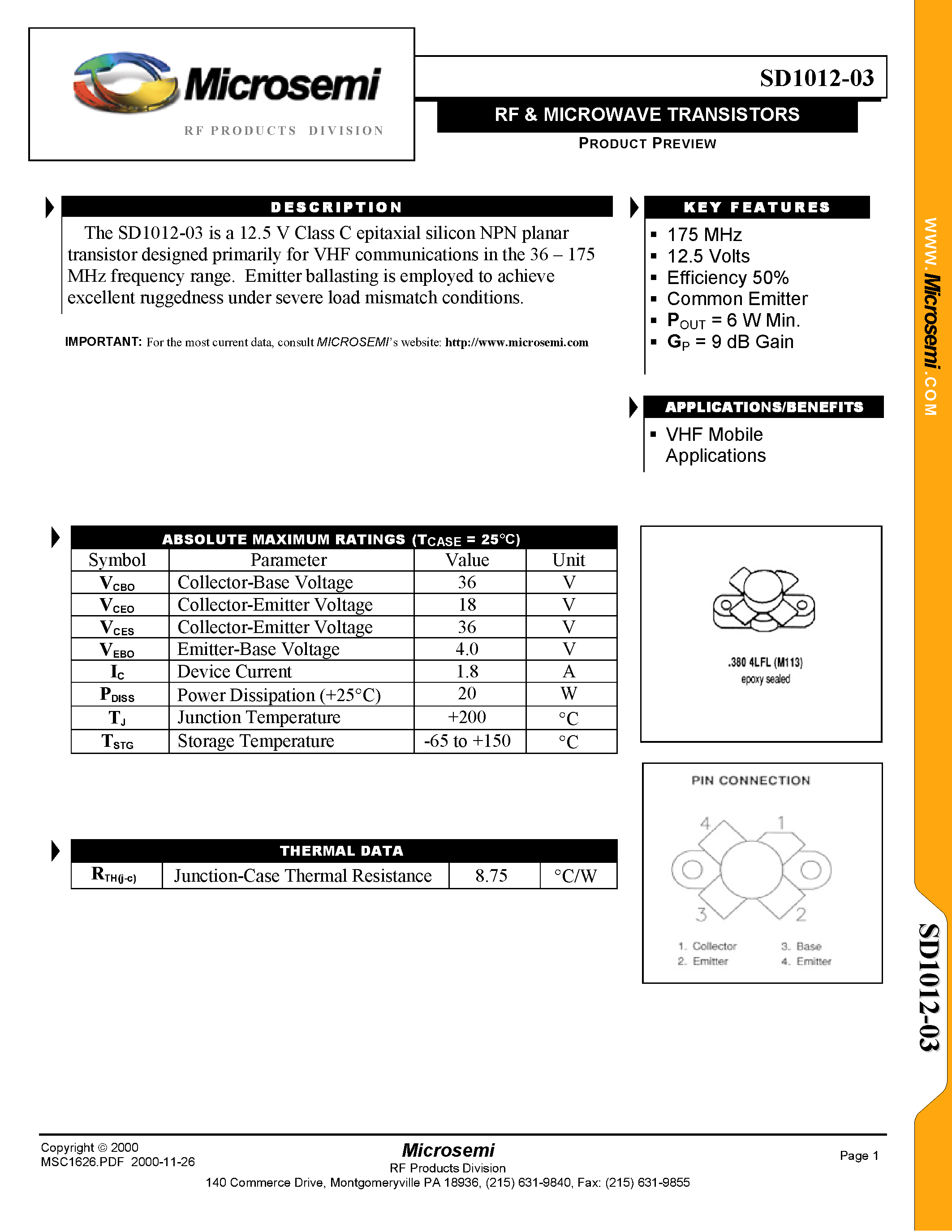 Datasheet SD1012-03 - RF & MICROWAVE TRANSISTORS page 1