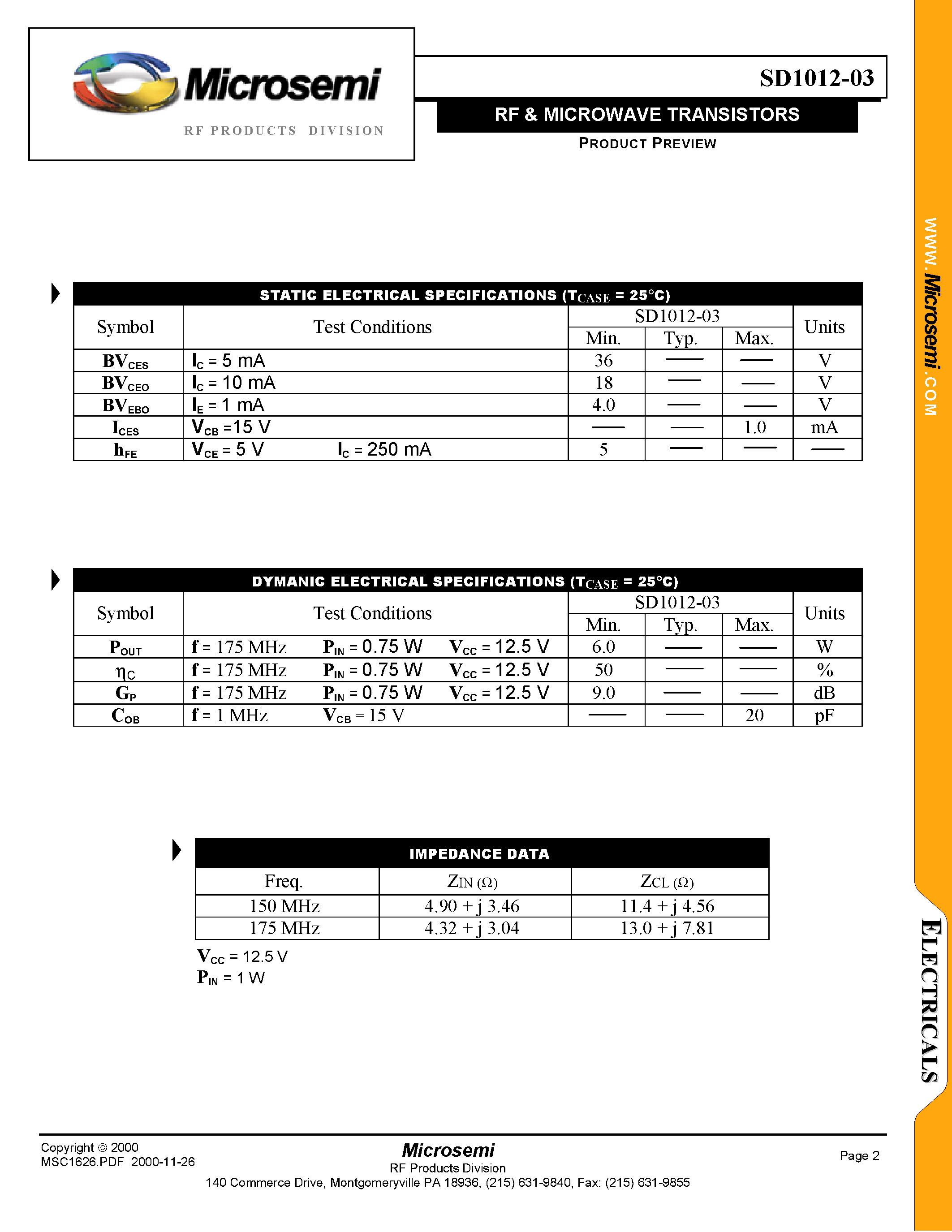 Datasheet SD1012-03 - RF & MICROWAVE TRANSISTORS page 2