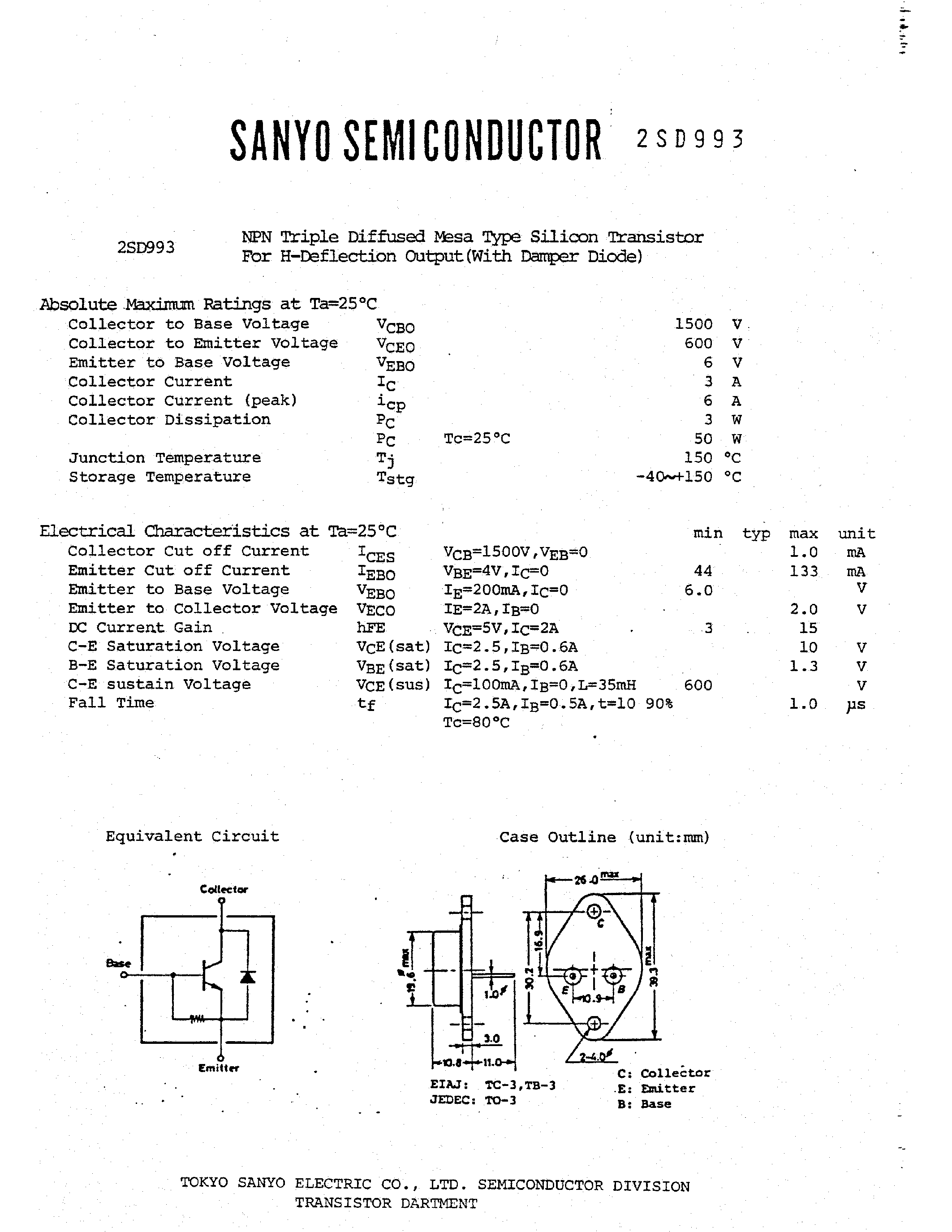 Даташит 2SD993 - NPN TRIPLE DIFFUSED MESA TYPE SILICON TRANSISTOR FOR H-DEFLECTION OUTPUT страница 1