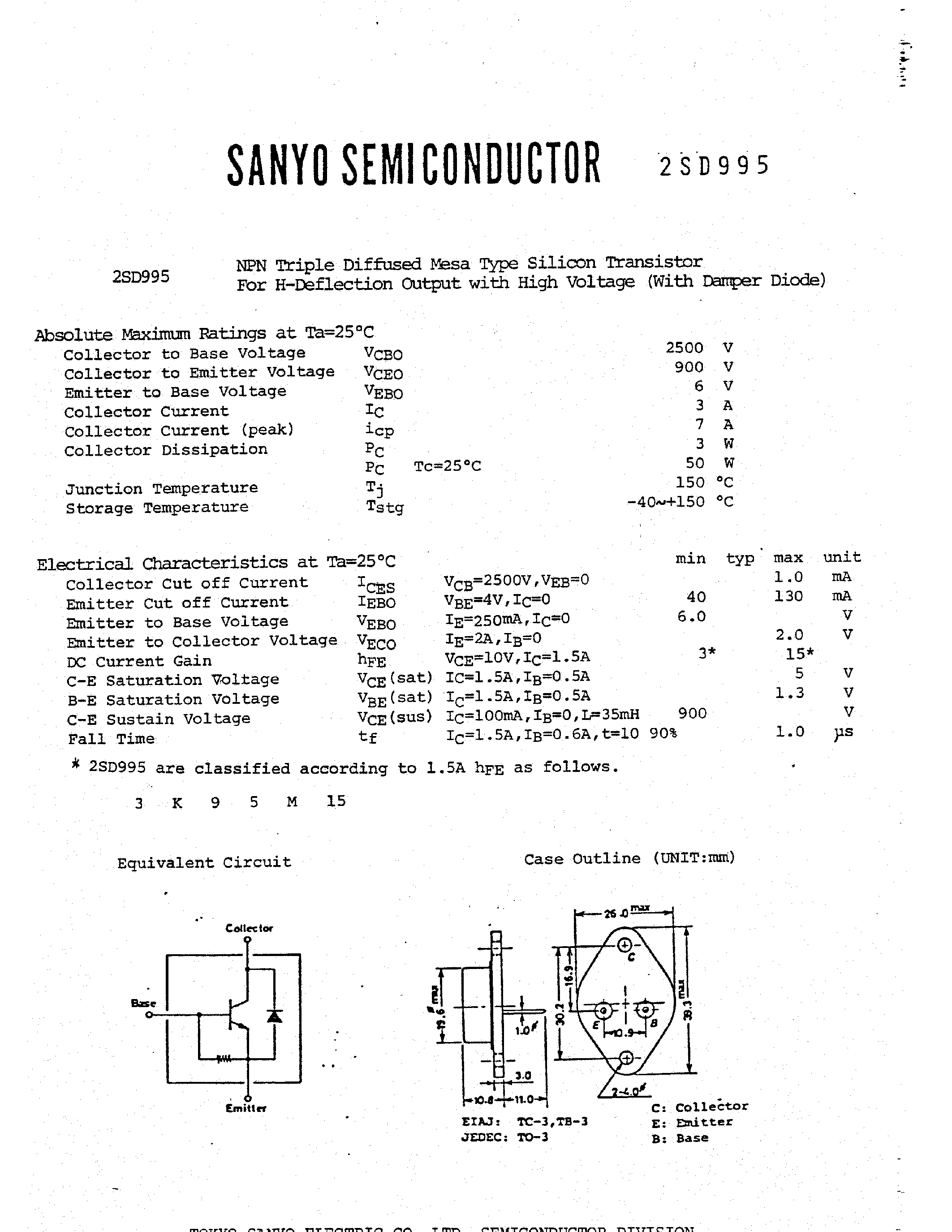 Даташит 2SD995 - NPN TRIPLE DIFFUSED MESA TYPE SILICON TRANSISTOR FOR H-DEFLECTION OUTPUT WITH HIGH VOLTAGE страница 1