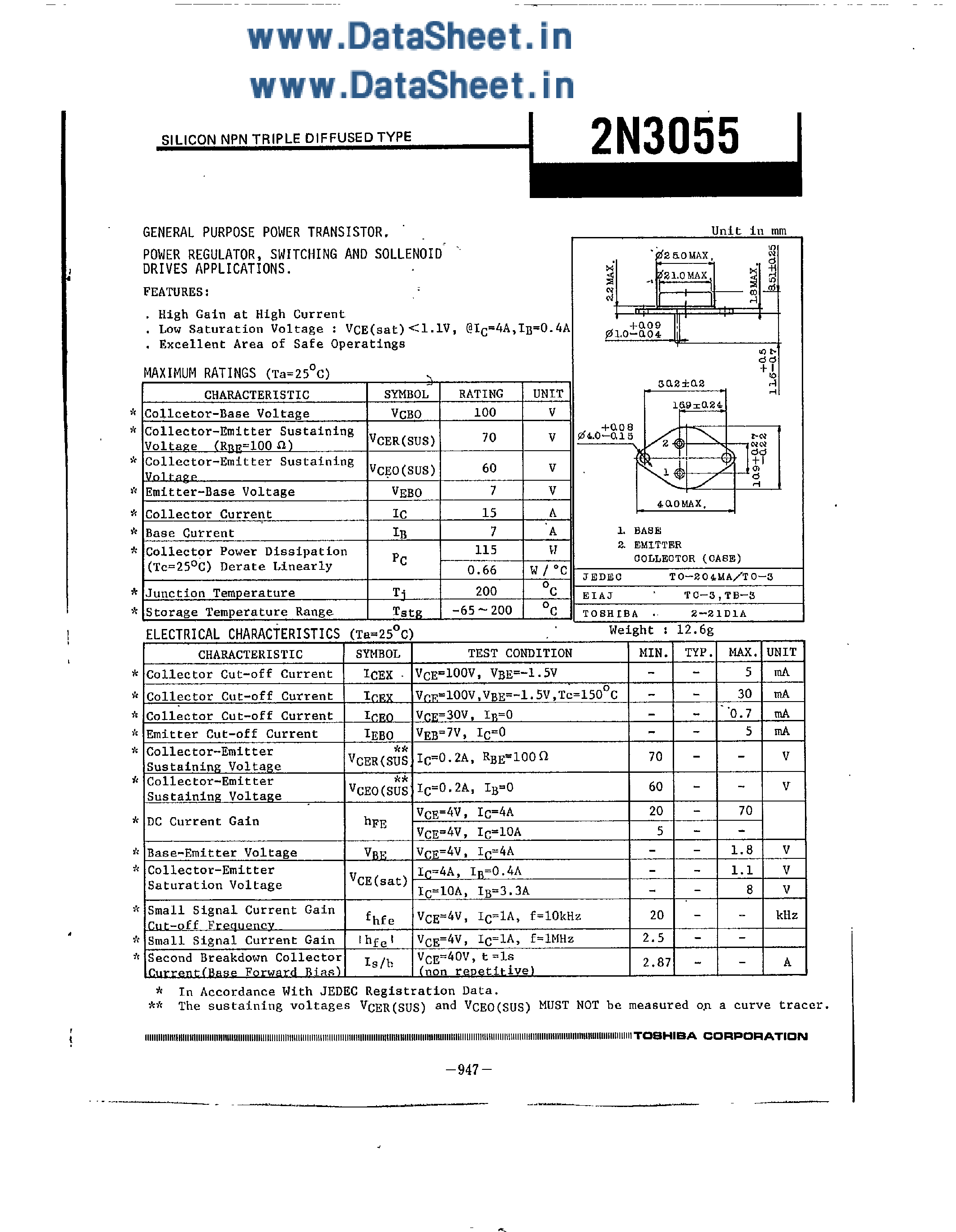 Даташит 2N3055 - Silicon NPN Triple Diffused Type страница 1