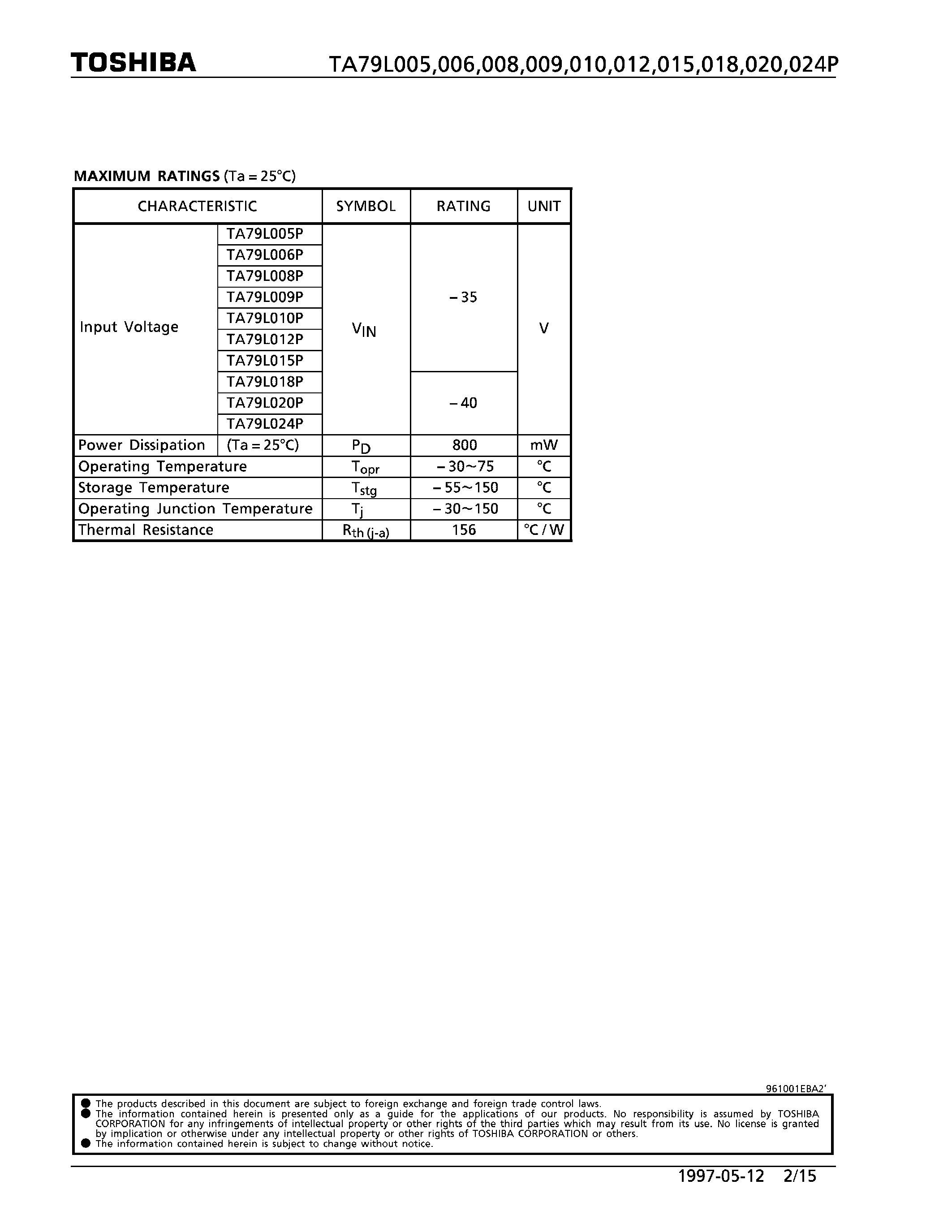 Datasheet TA79L005P page 2 Datasheet TA79L005P - (TA79L0xxx) 3-TERMINAL NEGATIVE VOLTAGE REGULATORS page 2