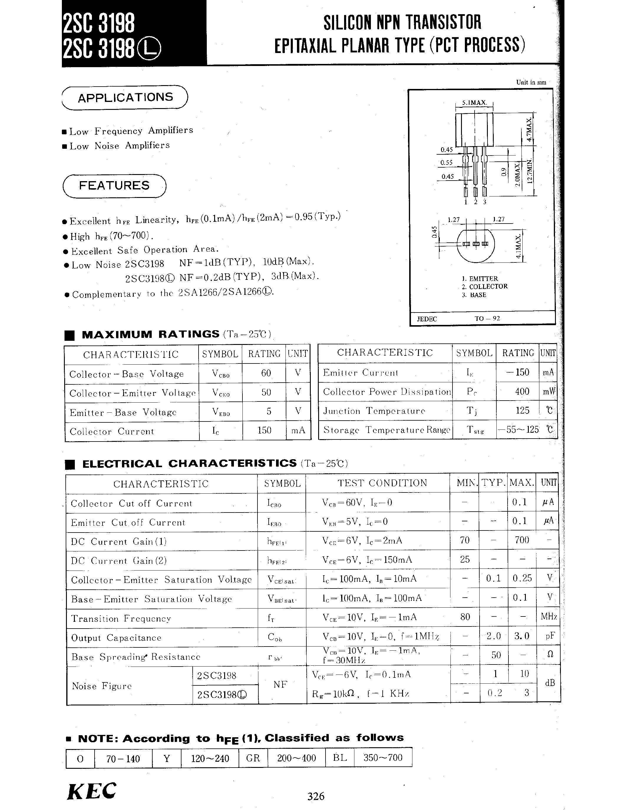 Даташит 2SC3198 - SILICON NPN TRANSISTOR EPITAXIAL PLANAR TYPE(PCT PROCESS) страница 1