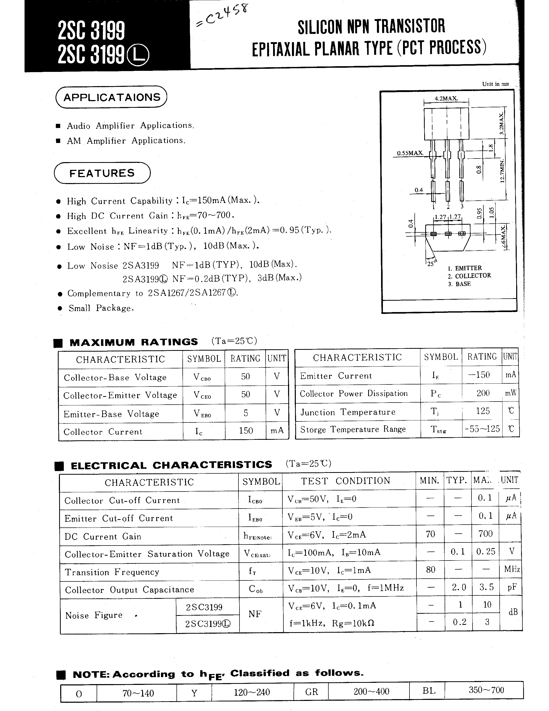 Даташит 2SC3199 - SILICON NPN TRANSISTOR EPITAXIAL PLANAR TYPE(PCT PROCESS) страница 1