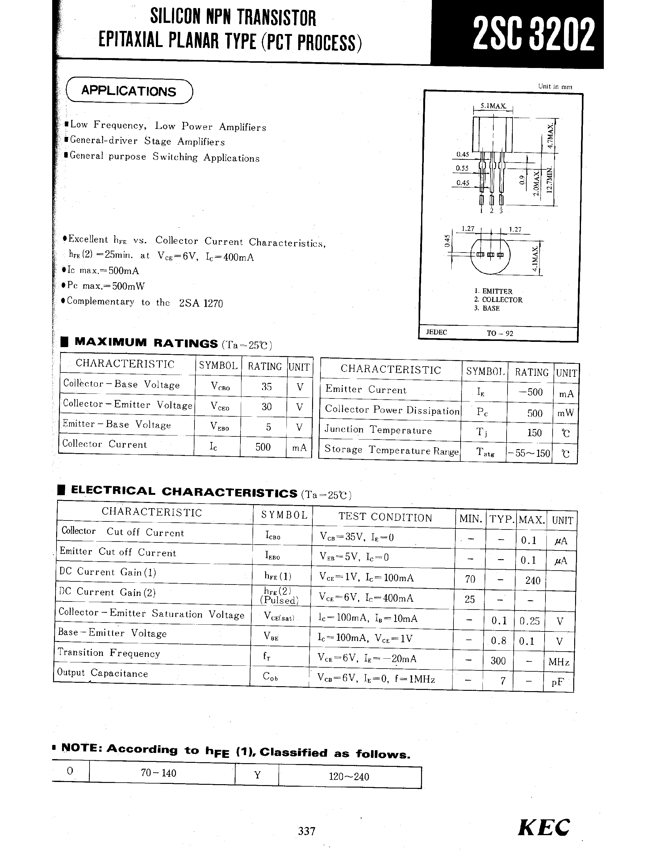 Даташит 2SC3202 - SILICON NPN TRANSISTOR EPITAXIAL PLANAR TYPE(PCT PROCESS) страница 1