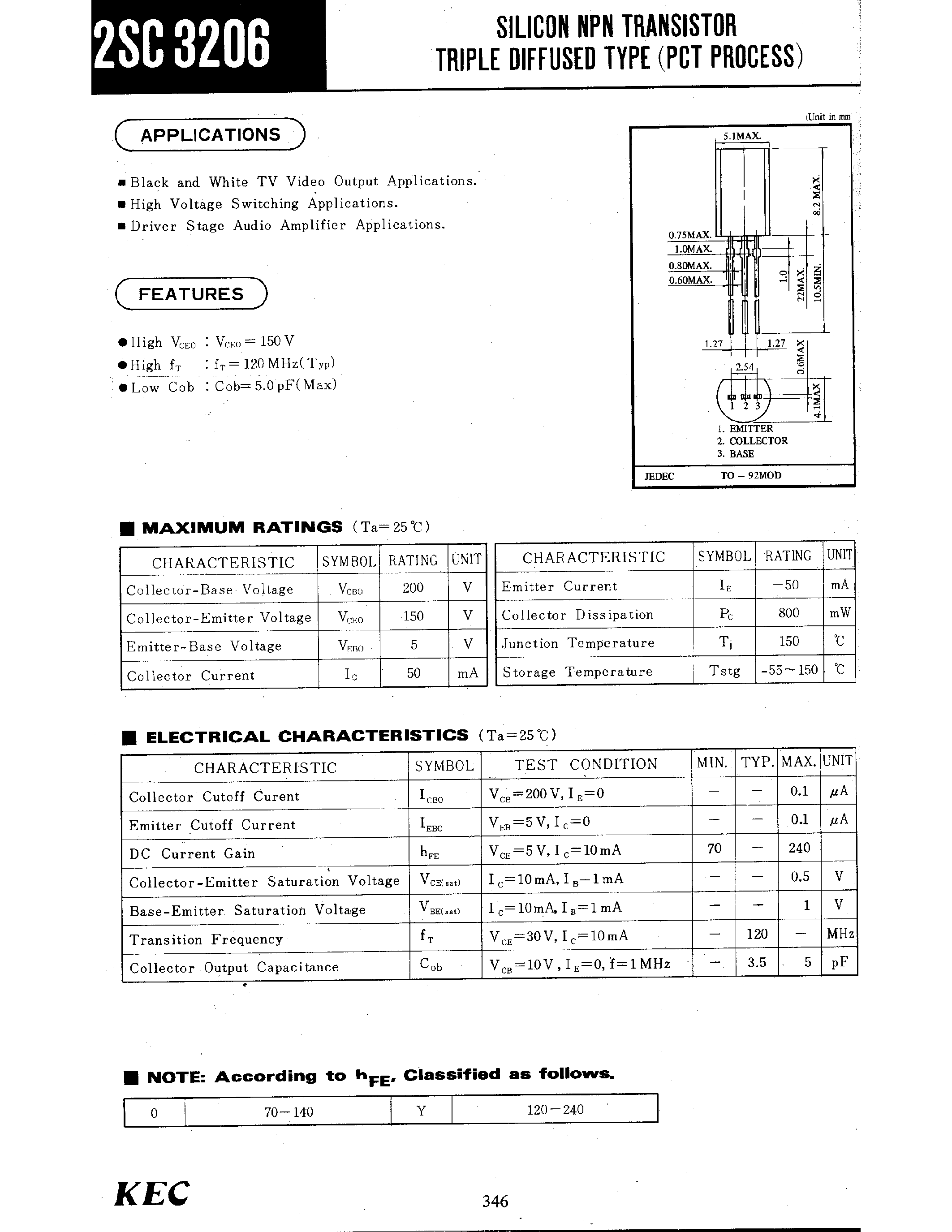 Даташит 2SC3206 - SILICON NPN TRANSISTOR EPITAXIAL PLANAR TYPE(PCT PROCESS) страница 1